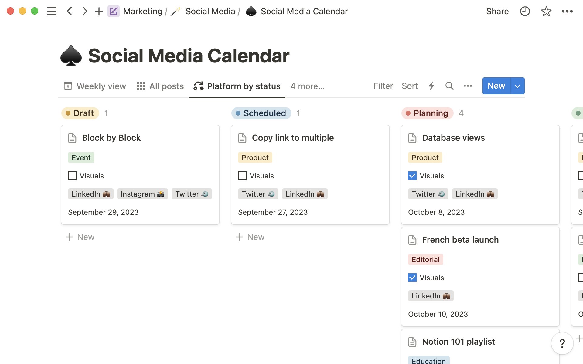 A view of the Social Media calendar showing the status and platform of each upcoming post.