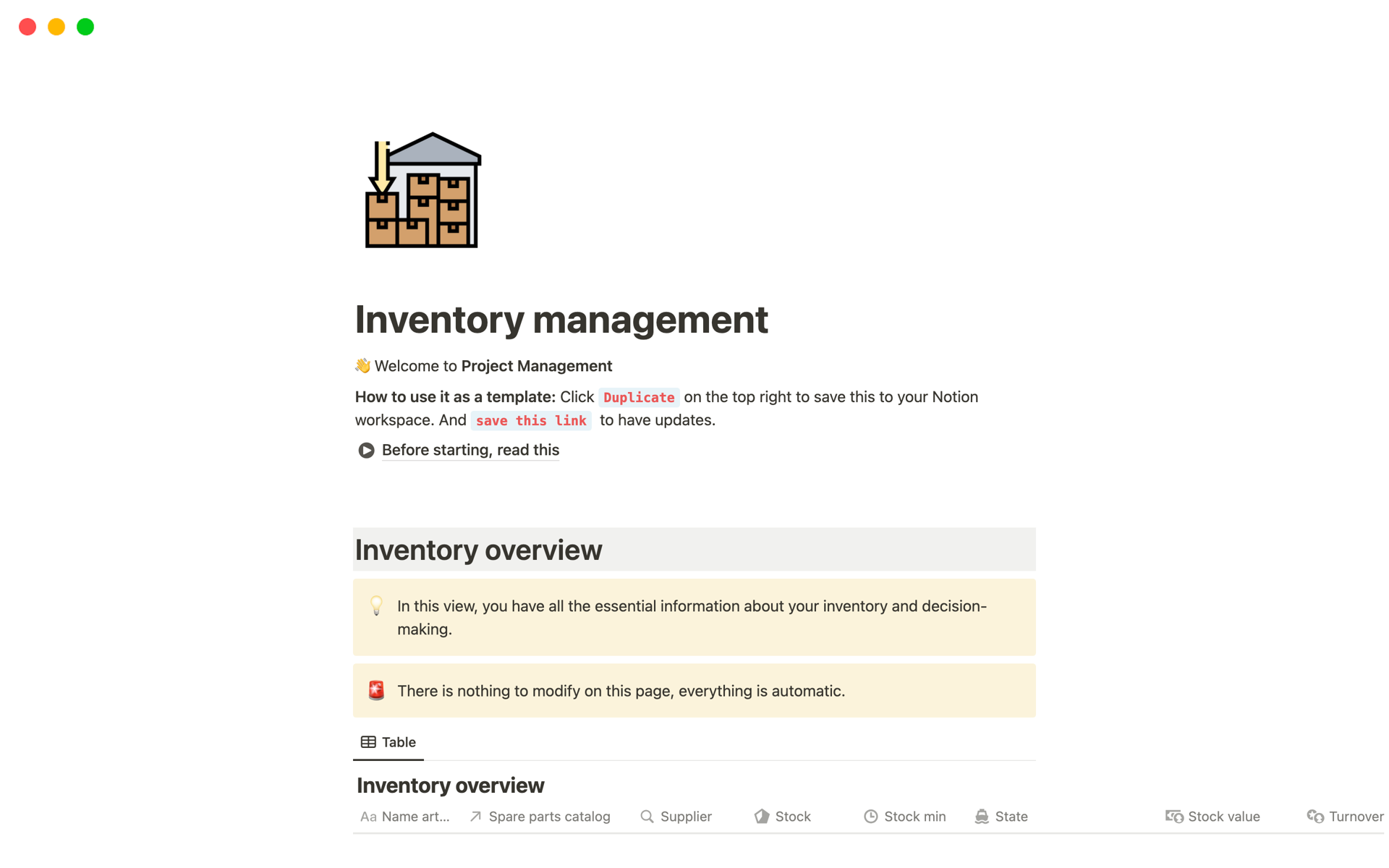 A template preview for Inventory management