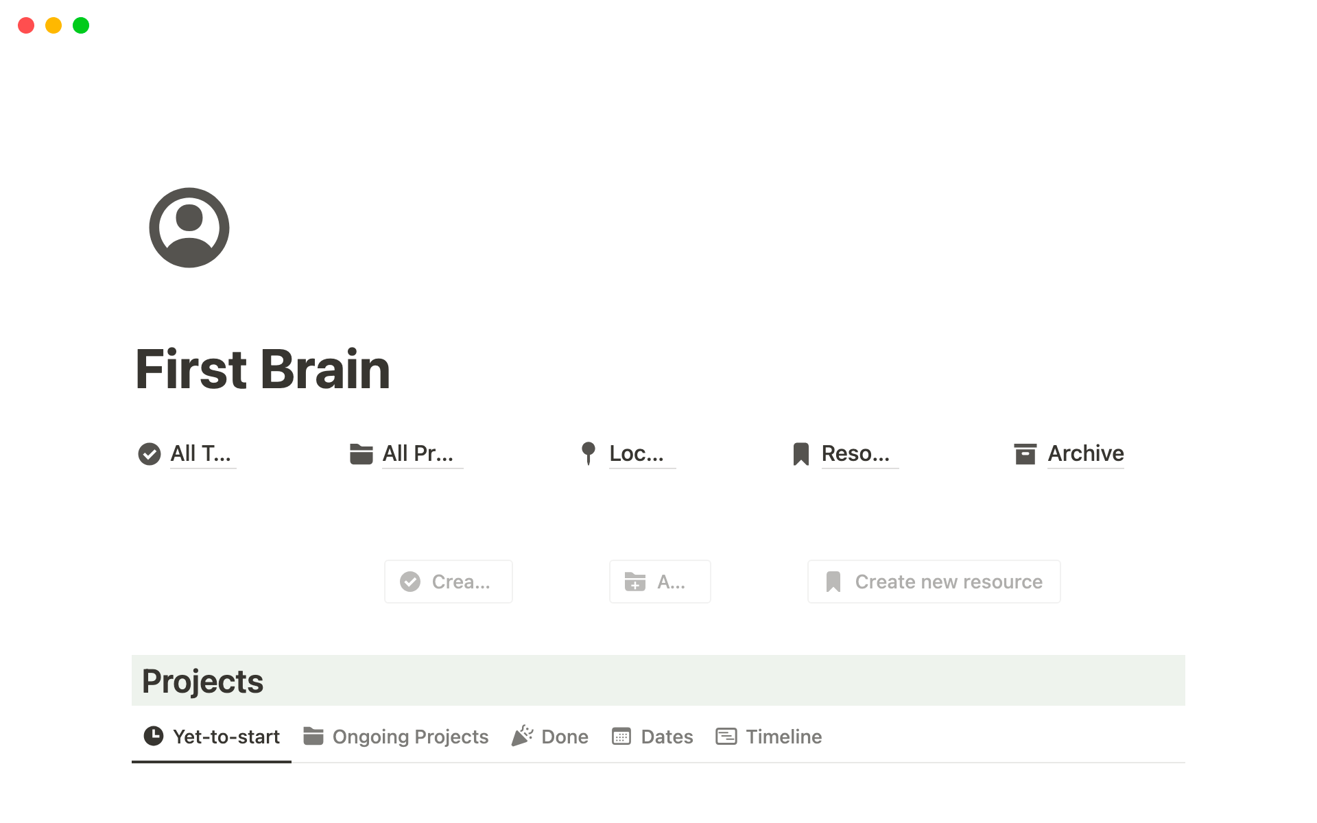 A template preview for Notion First Brain