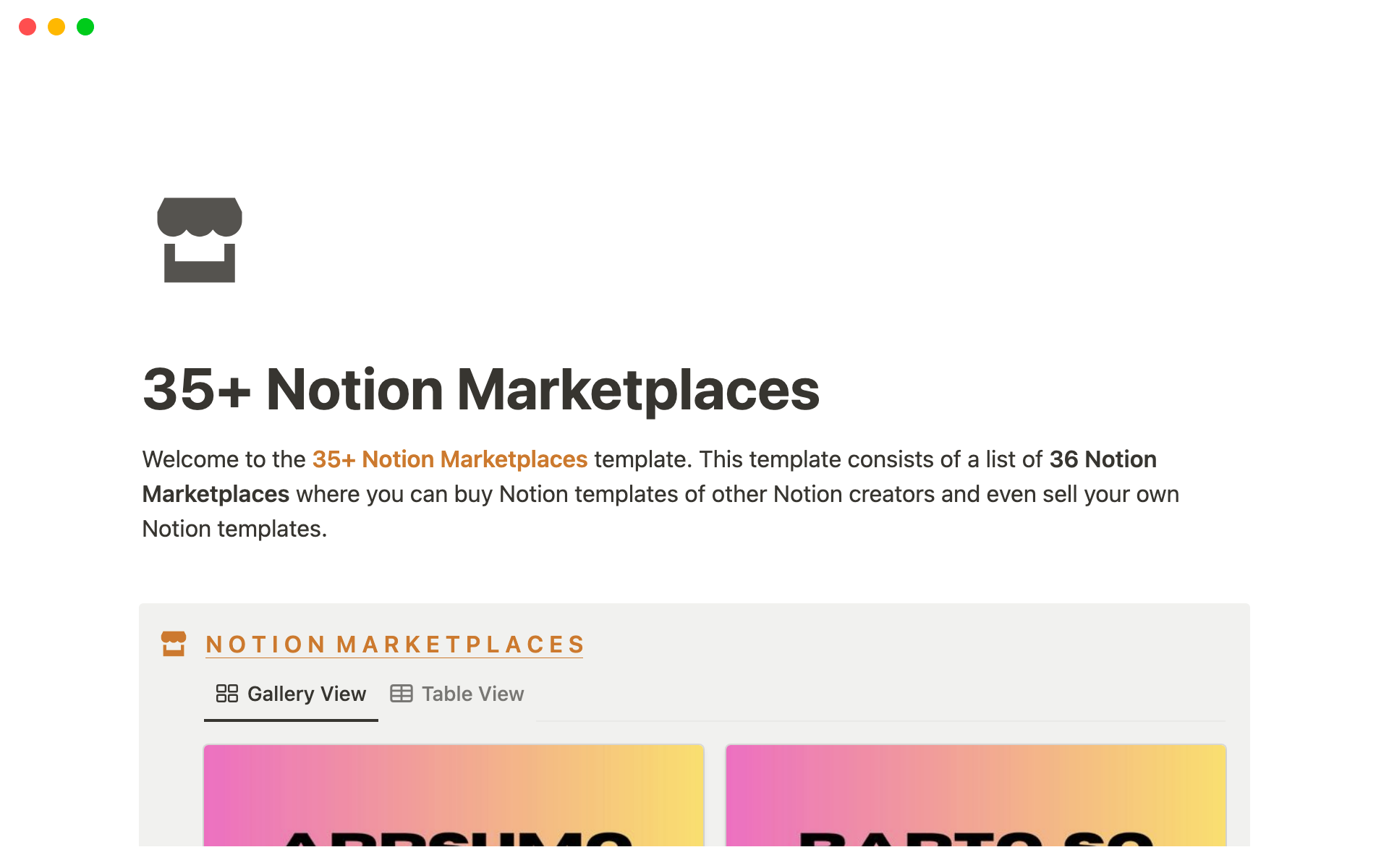 Eine Vorlagenvorschau für 35+ Notion Marketplaces
