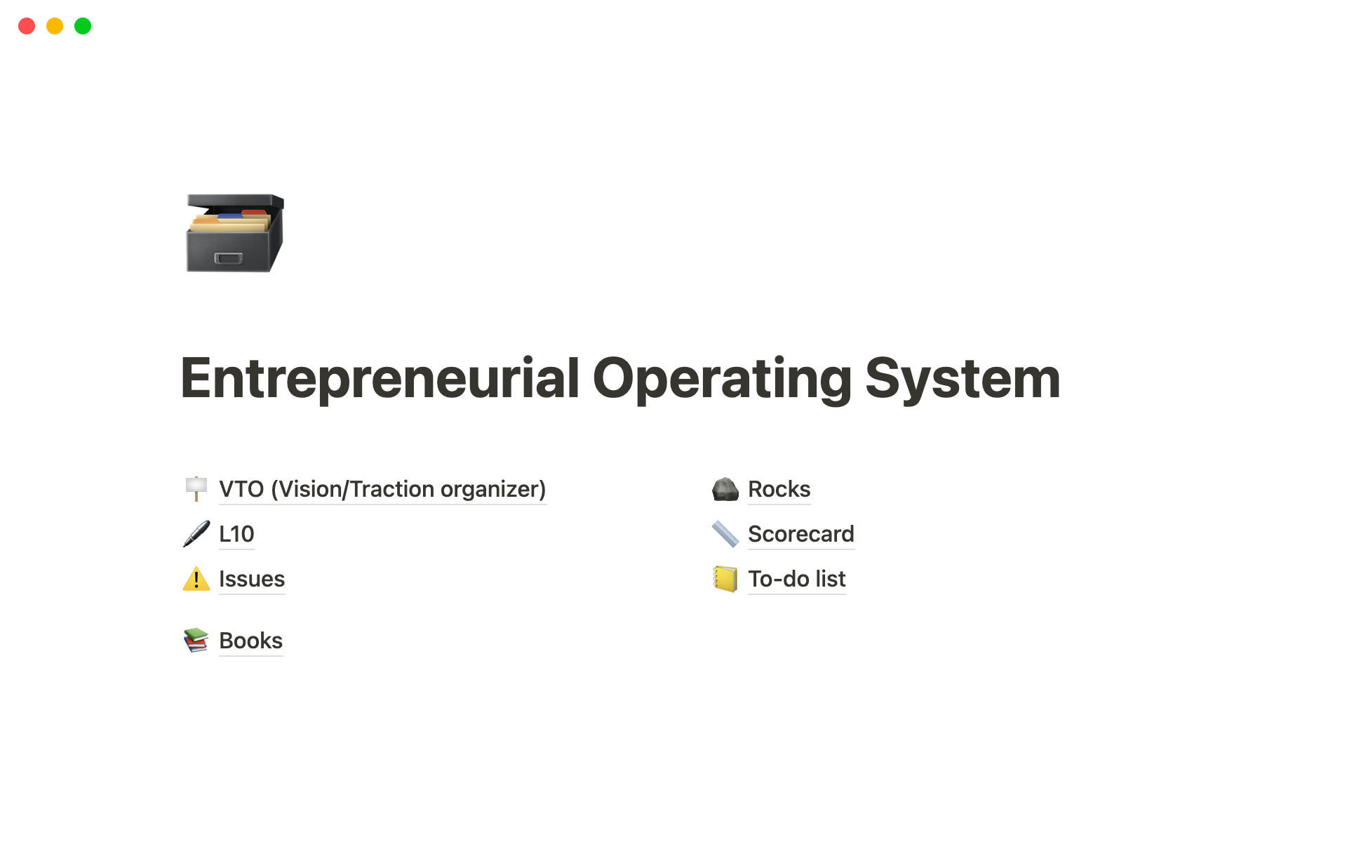 A template preview for Entrepreneurial Operating System