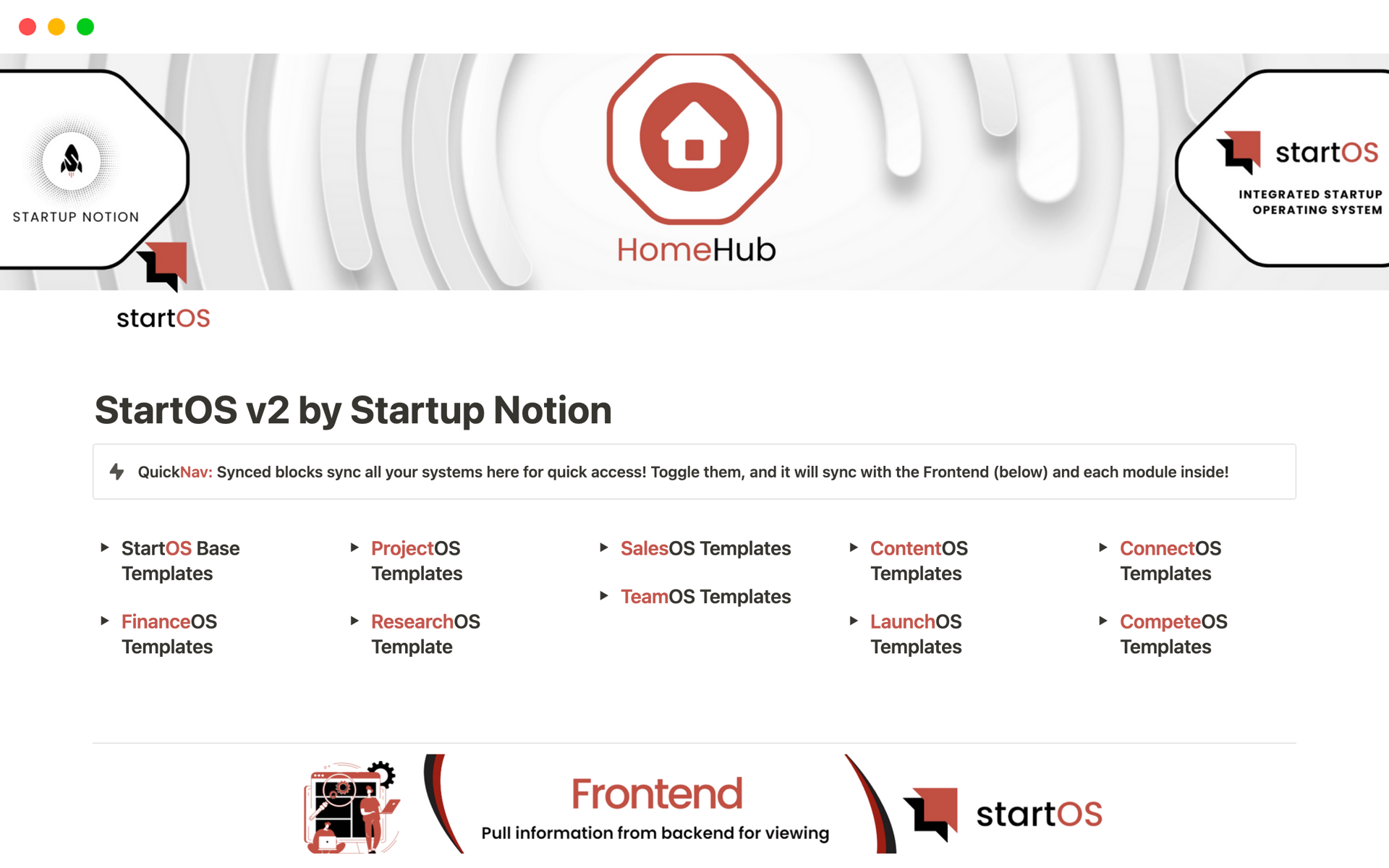 A template preview for StartOS v2 by Startup Notion