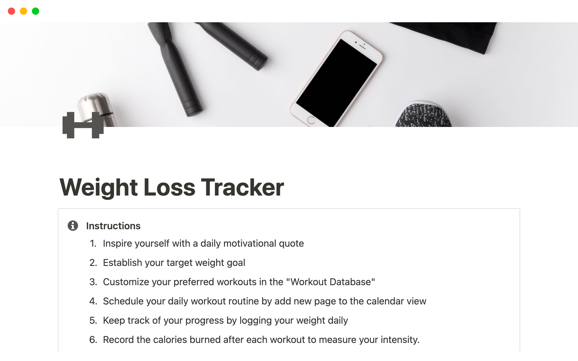 A template preview for Weight Loss Tracker