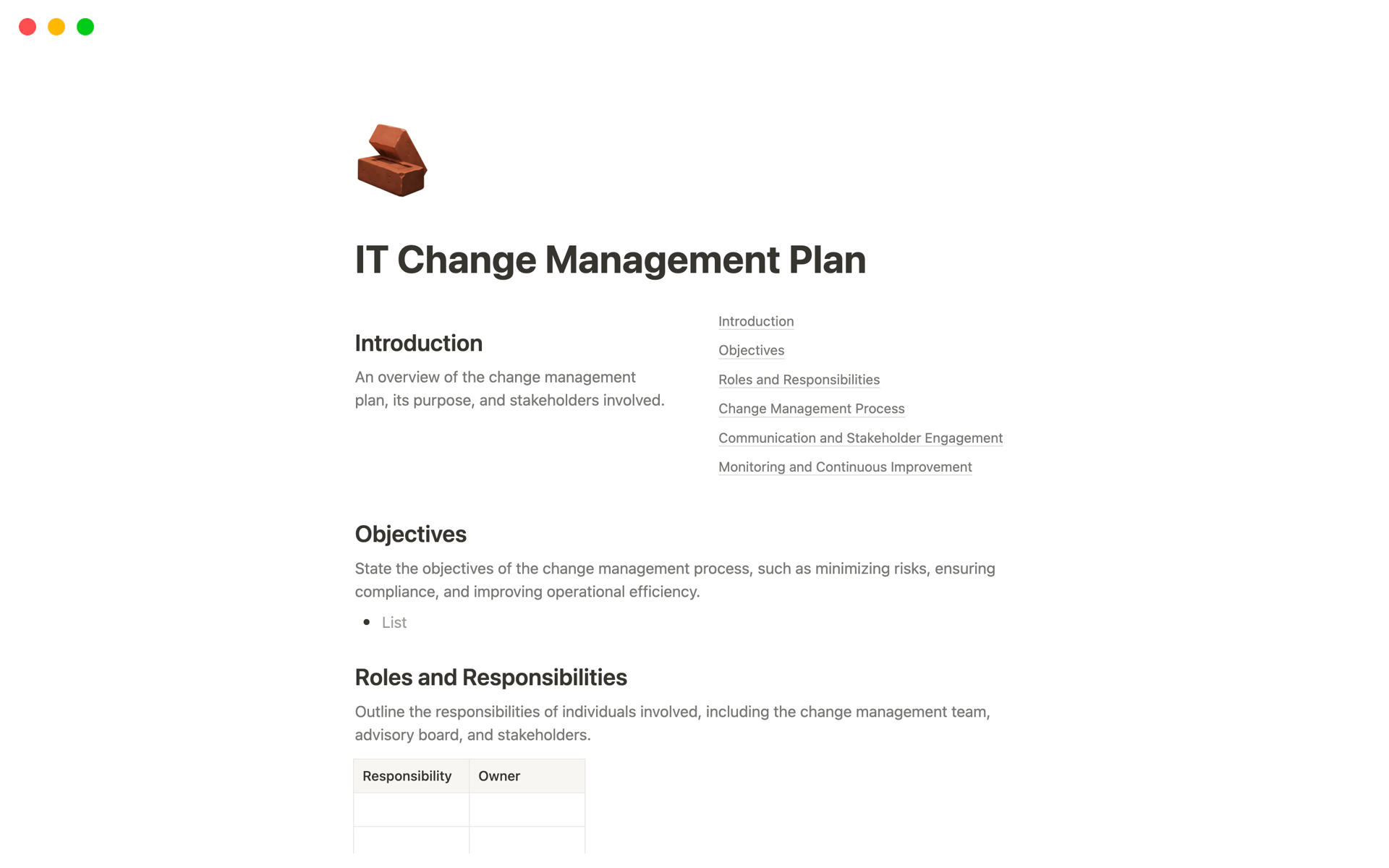 A template preview for IT Change Management Plan