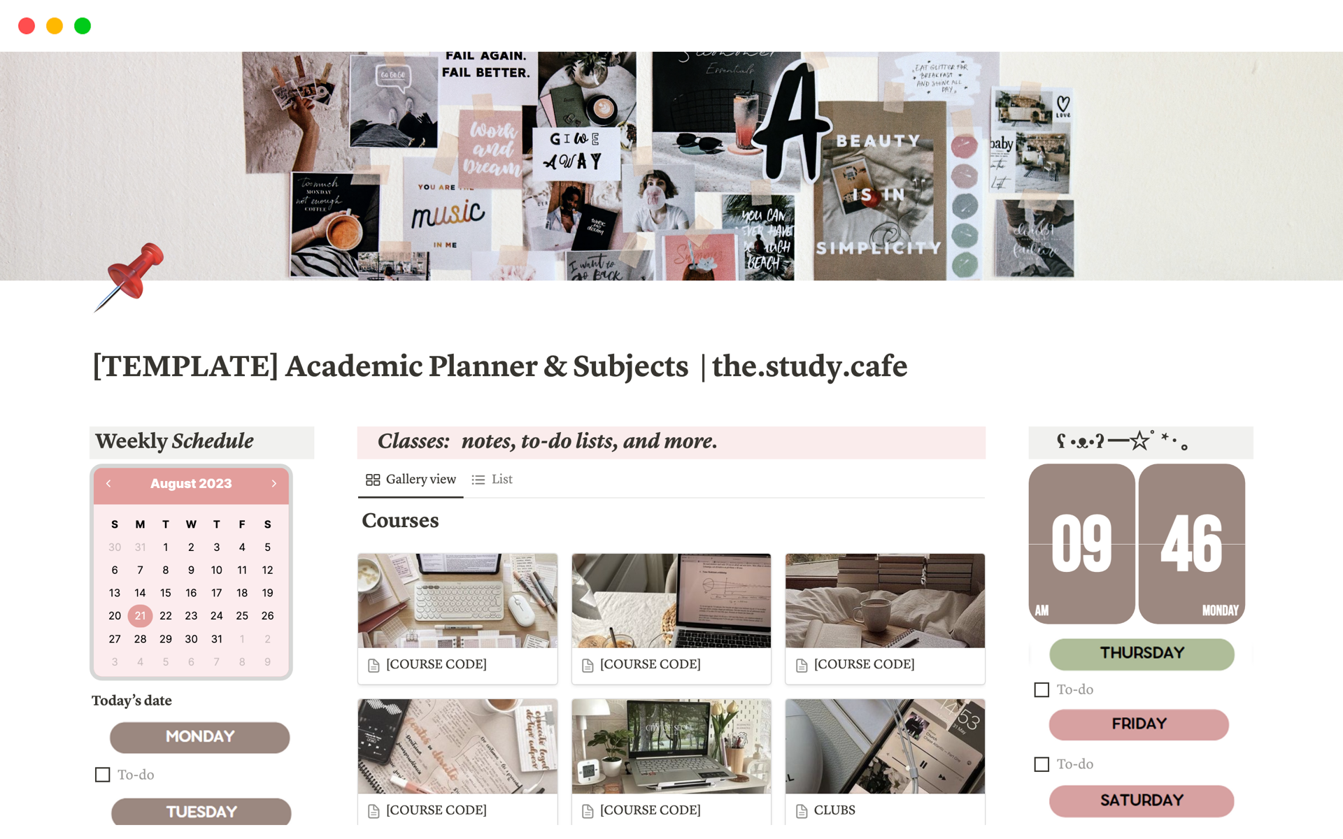 A template preview for Academic Planner & Subjects