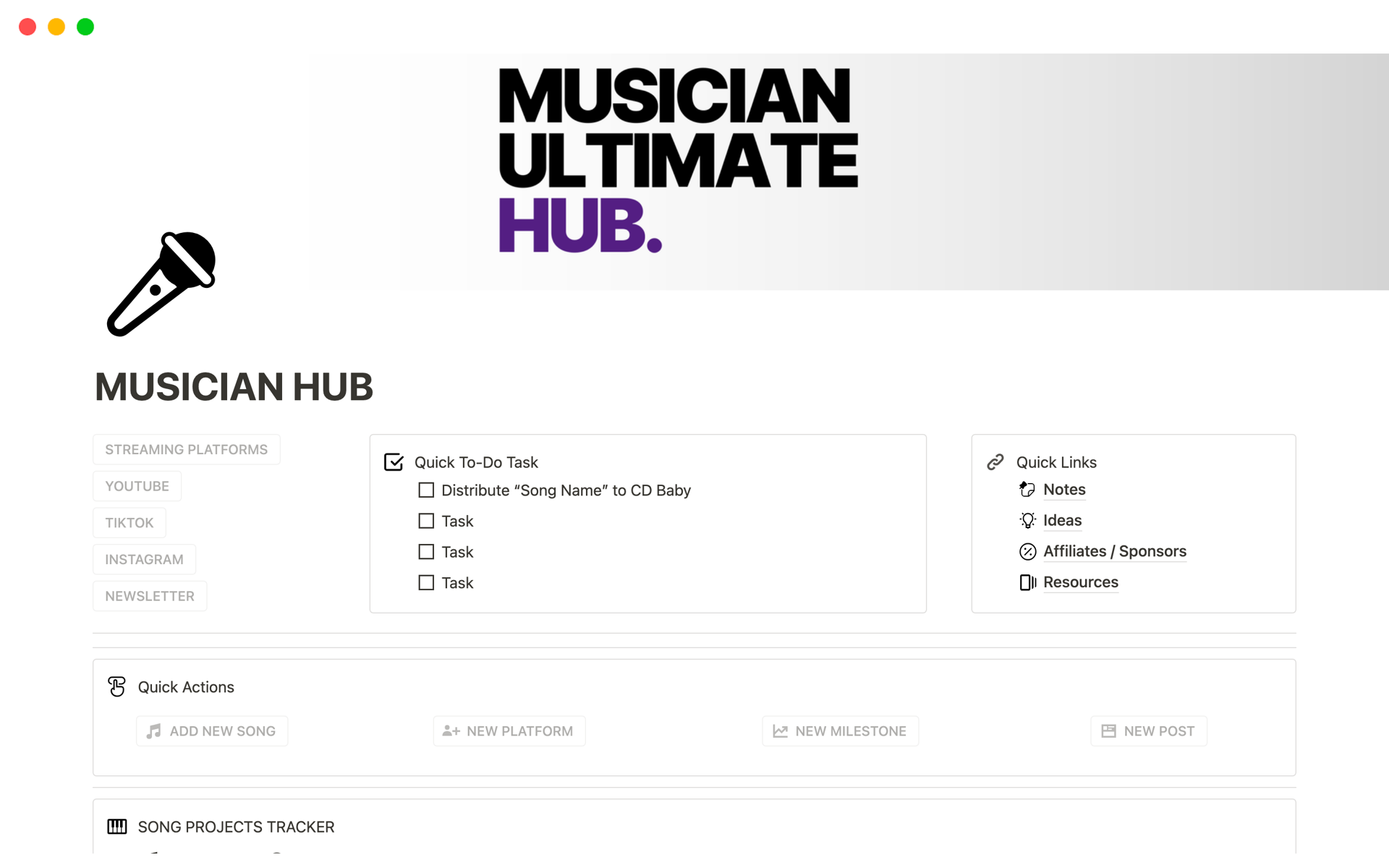 A template preview for Musician Hub