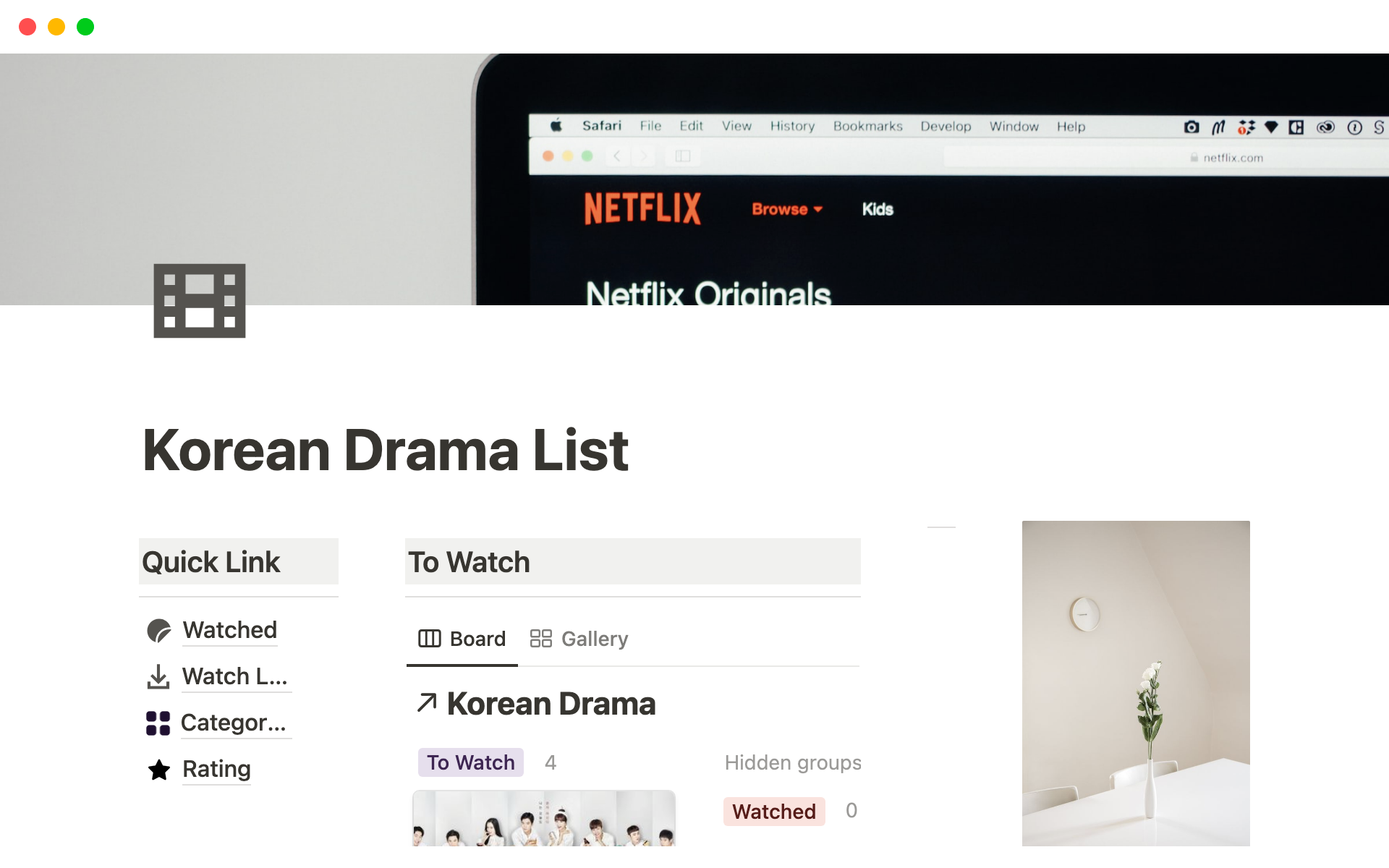 A template preview for Notion Korean Drama Template