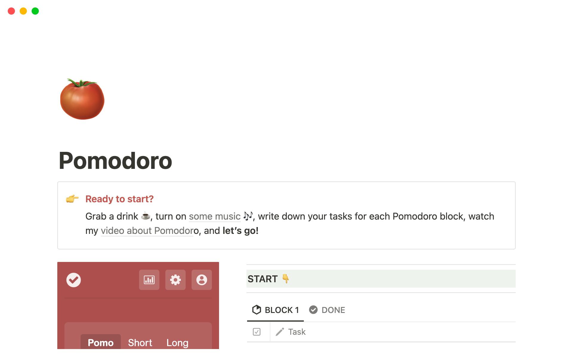 A template preview for Pomodoro