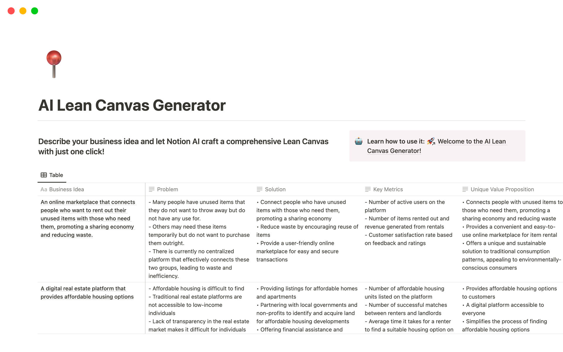 A template preview for AI Lean Canvas Generator