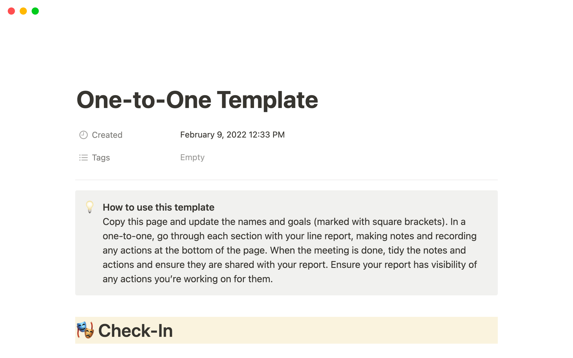 A template preview for One-to-One Template for Engineering Managers