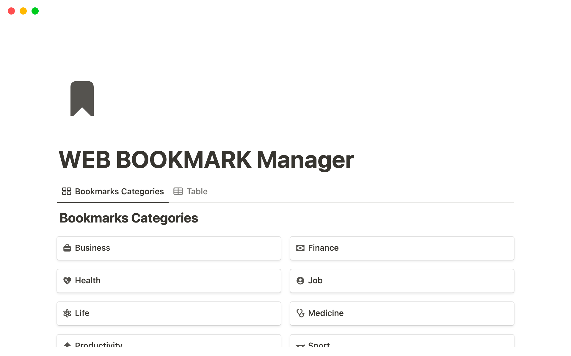Eine Vorlagenvorschau für Web Bookmark Manager