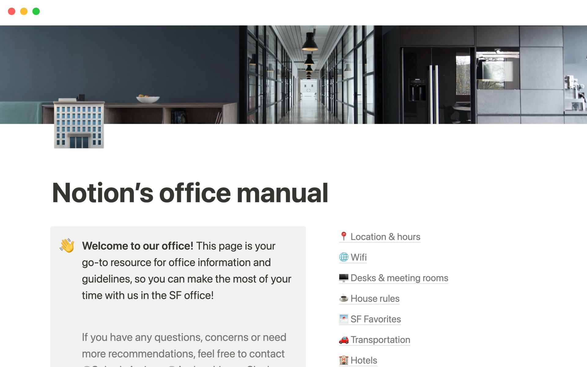 A template preview for Notion’s office manual
