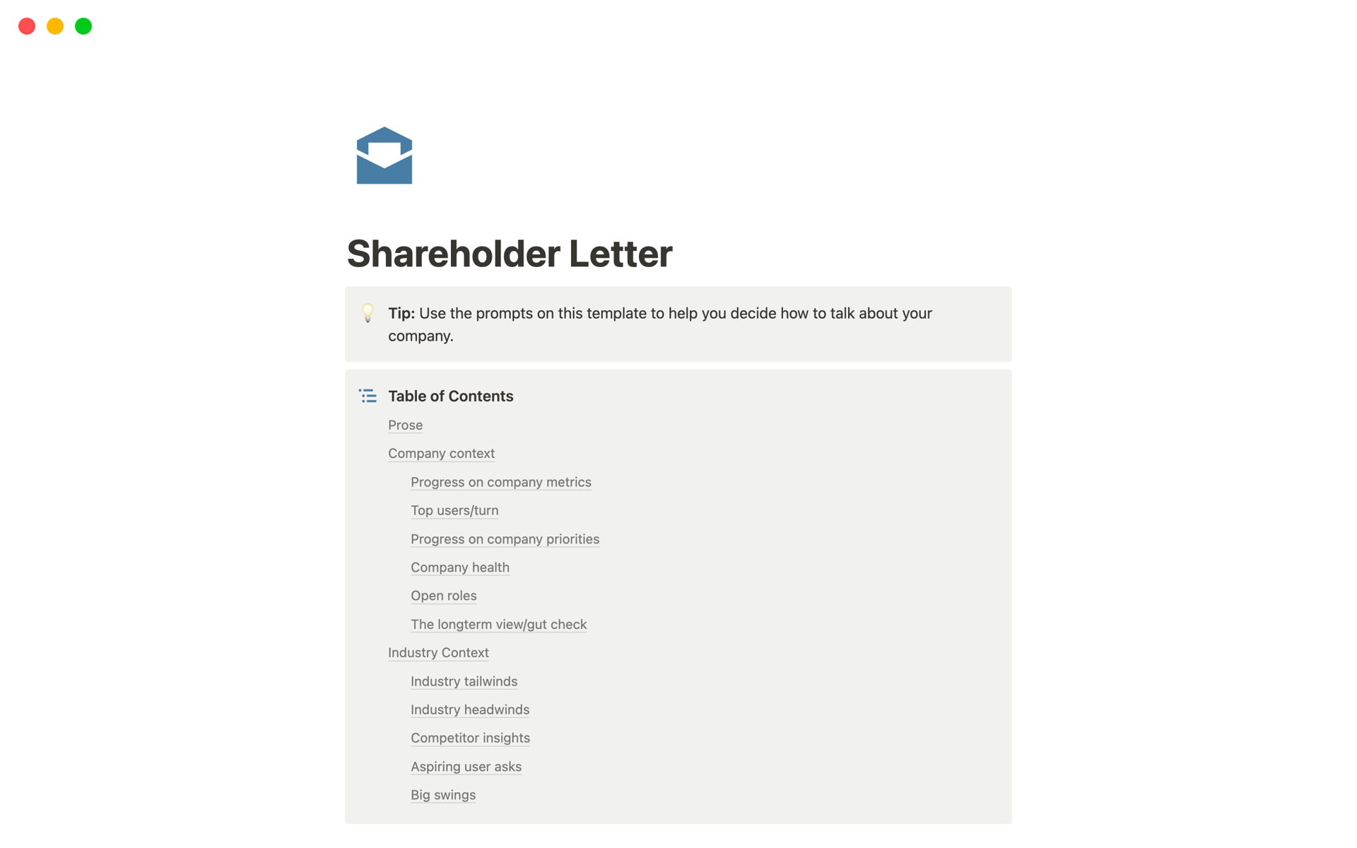A template preview for Shareholder Letter