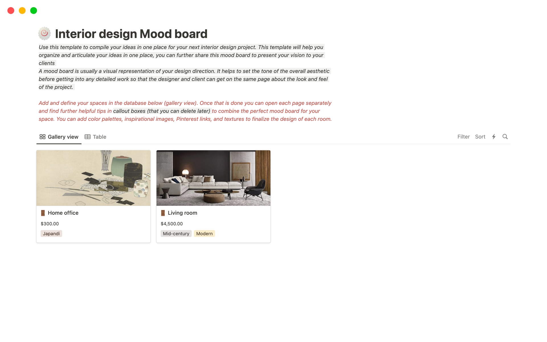 A template preview for Interior design Mood board