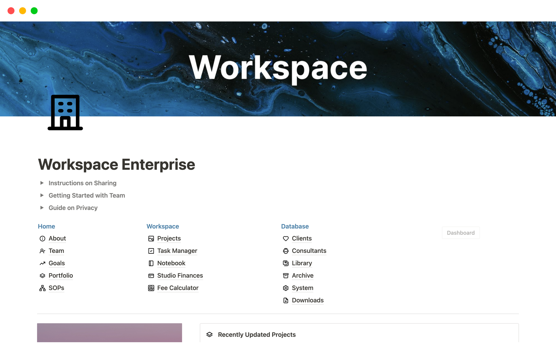 A template preview for Workspace Enterprise for Architecture Firms