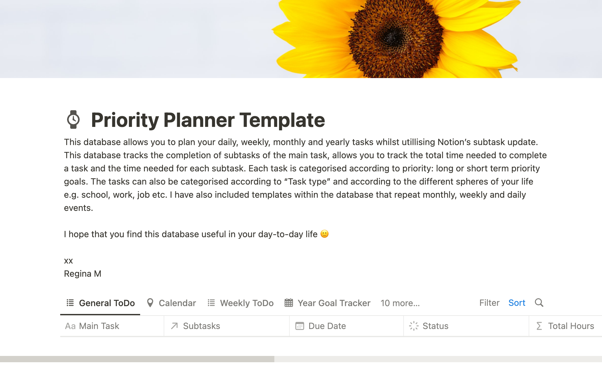 This database allows you to plan your daily, weekly, monthly and yearly tasks whilst utillising Notion’s subtask update.