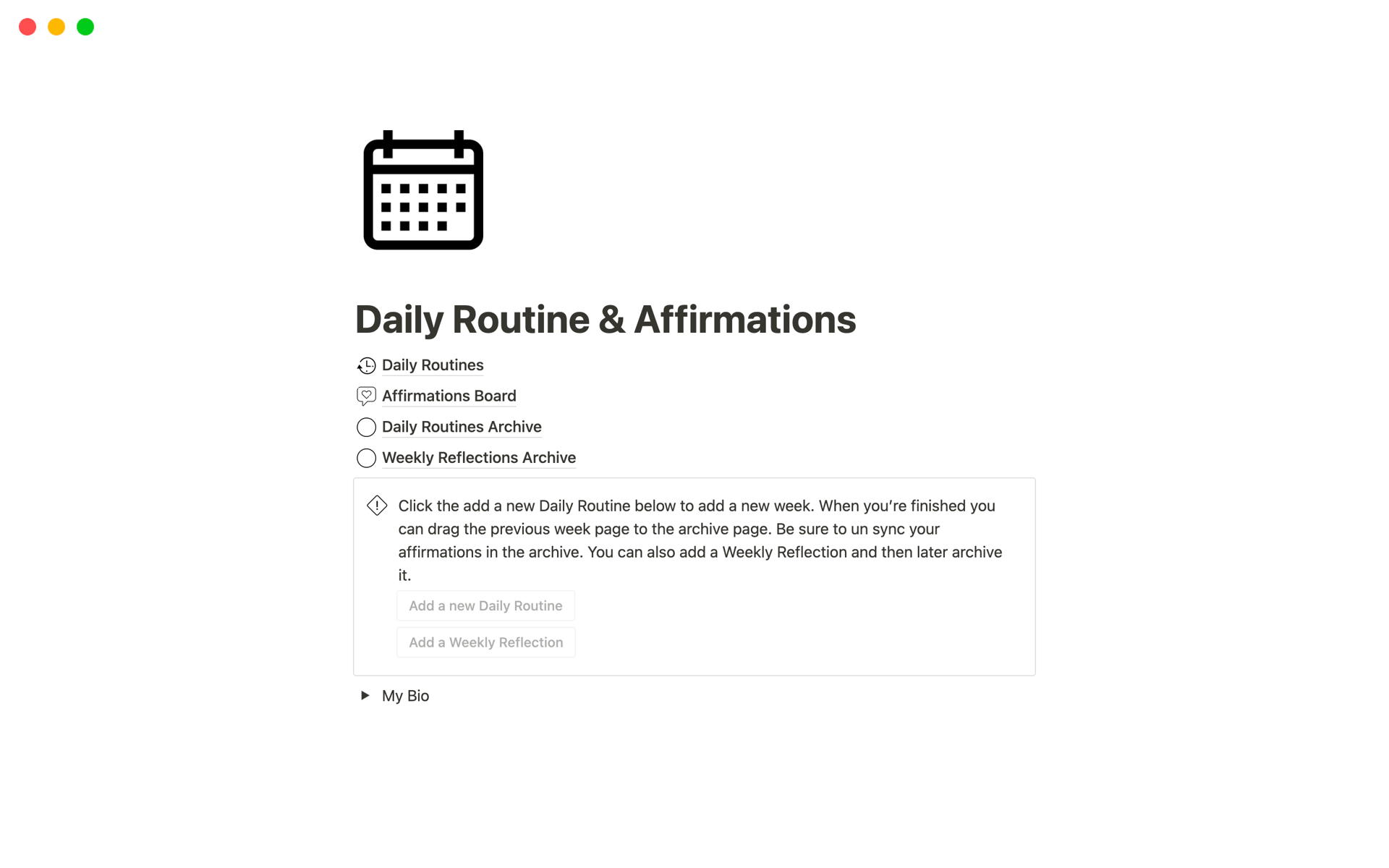 This functional Daily Routines and Affirmations template will streamline your daily schedule, allowing you to structure your day efficiently, customize daily affirmations, and stay on top of tasks and goals.