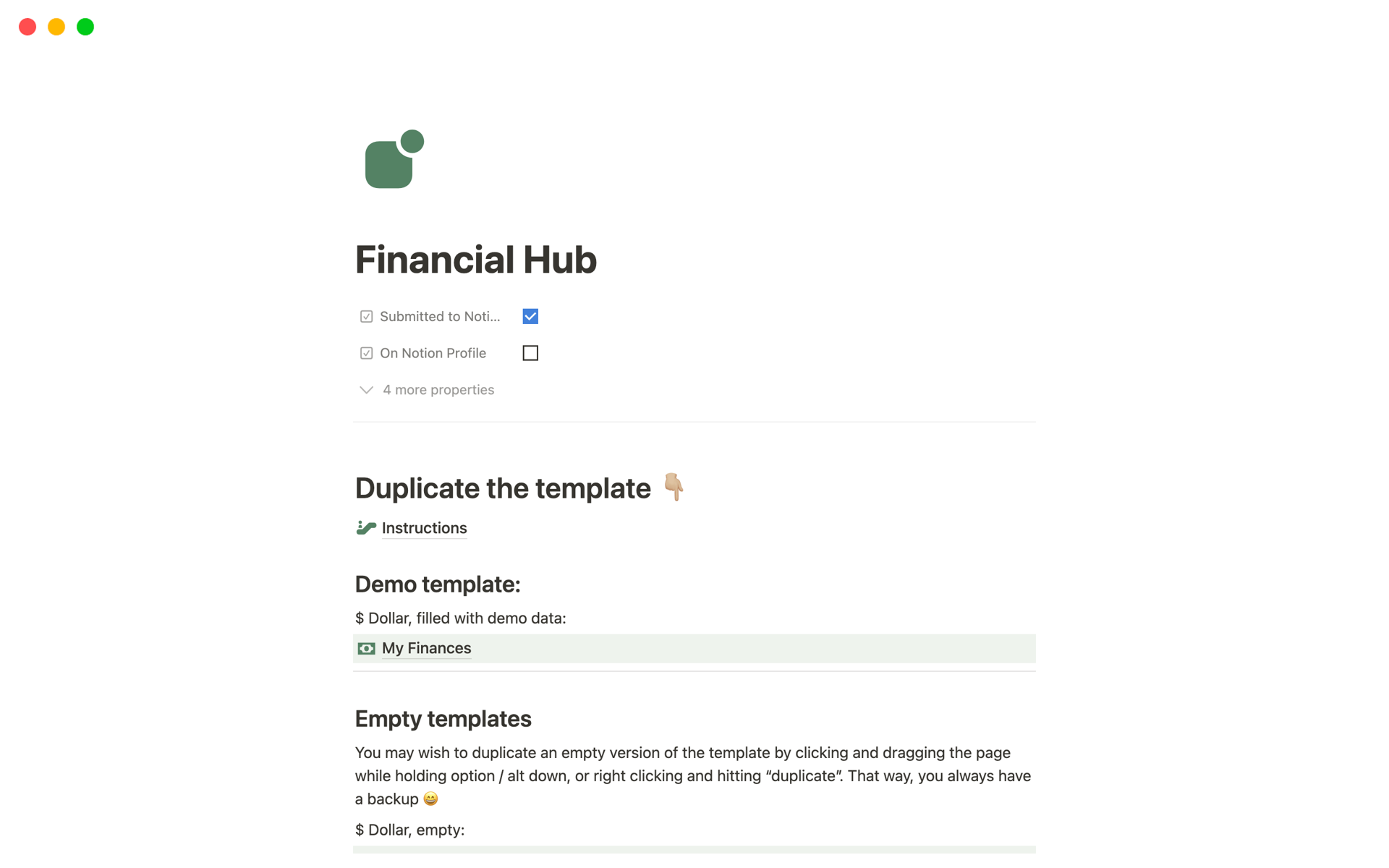 A template preview for Financial Hub