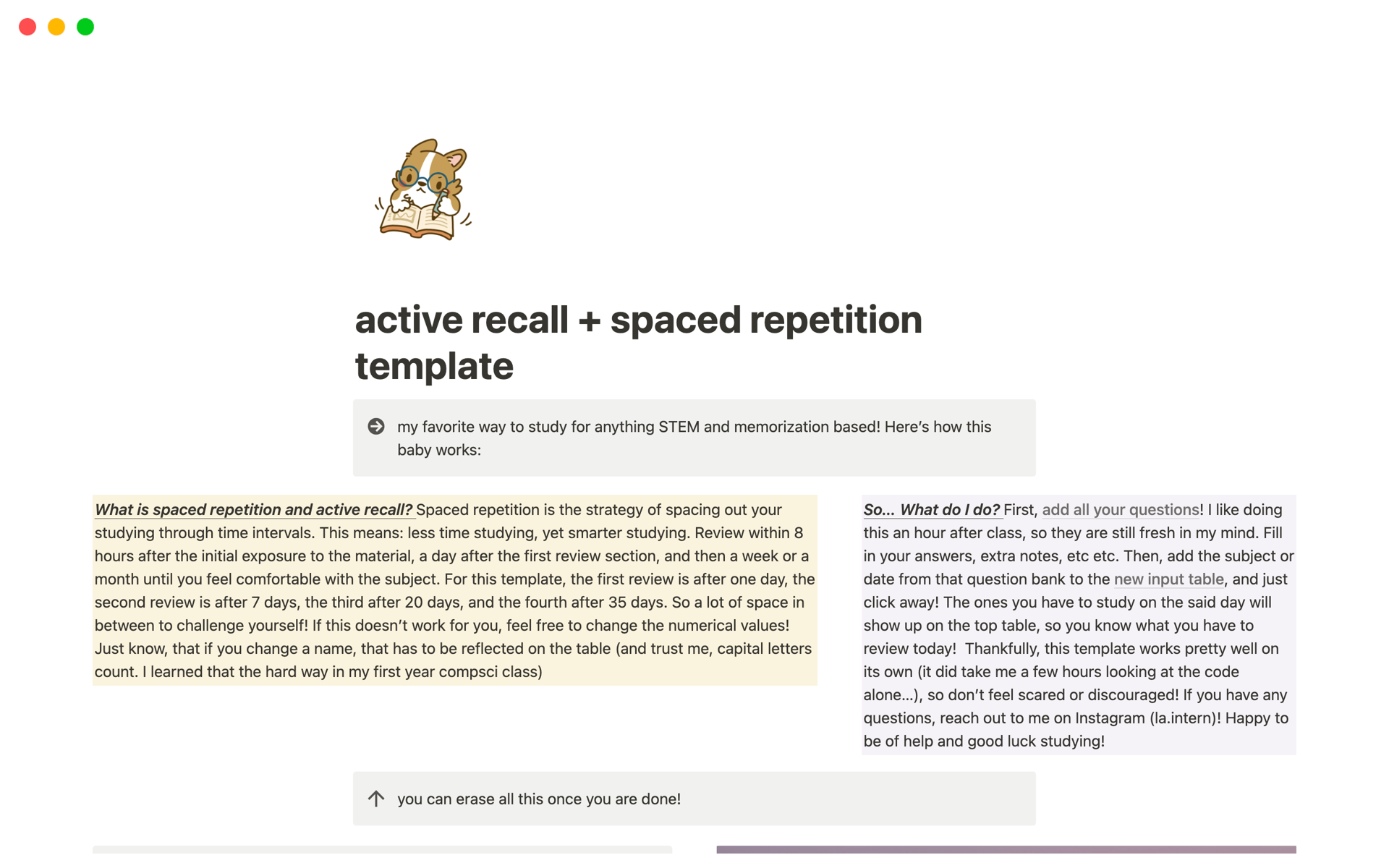 A template preview for active recall + spaced repetition template