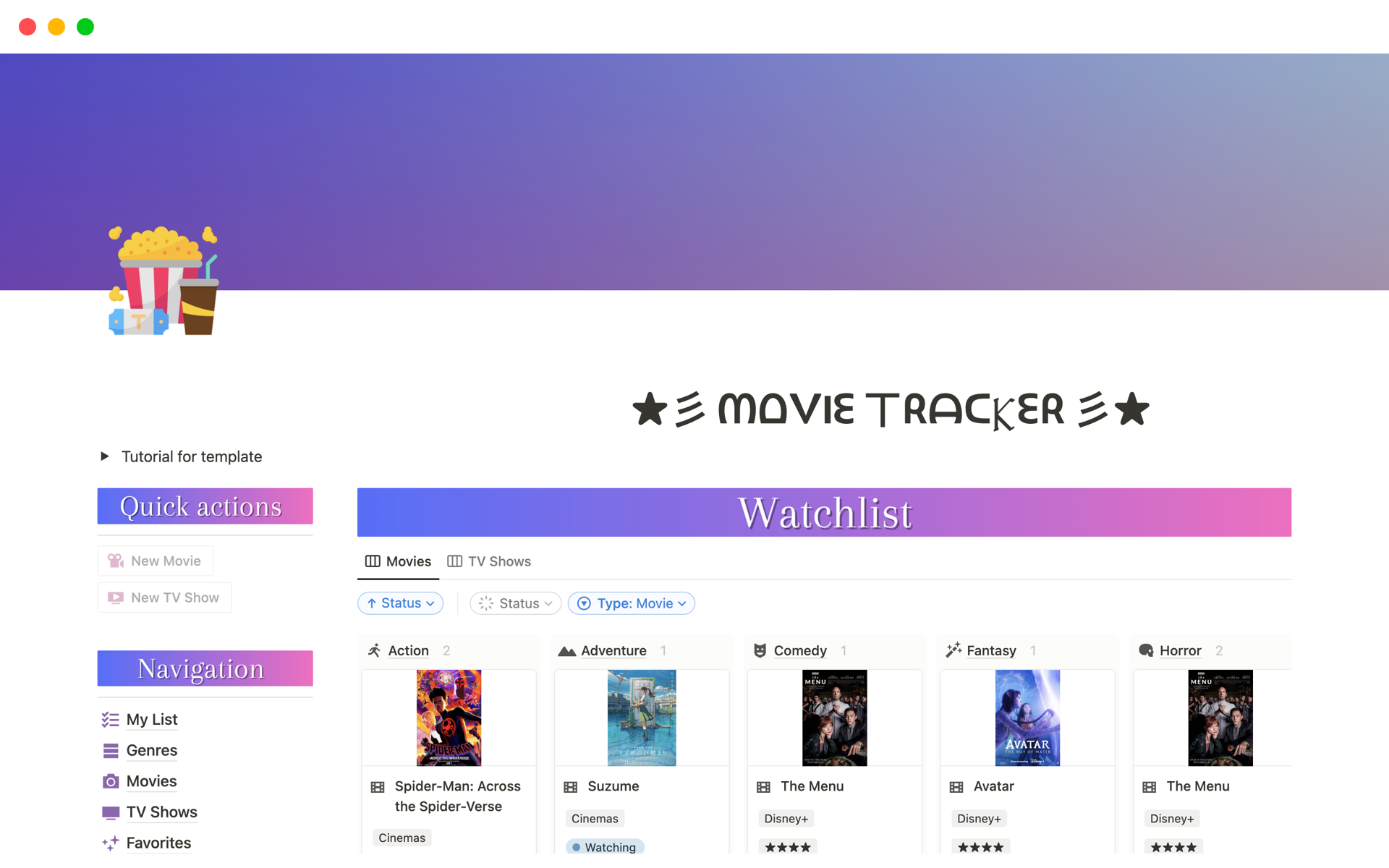 A template preview for Movie Tracker