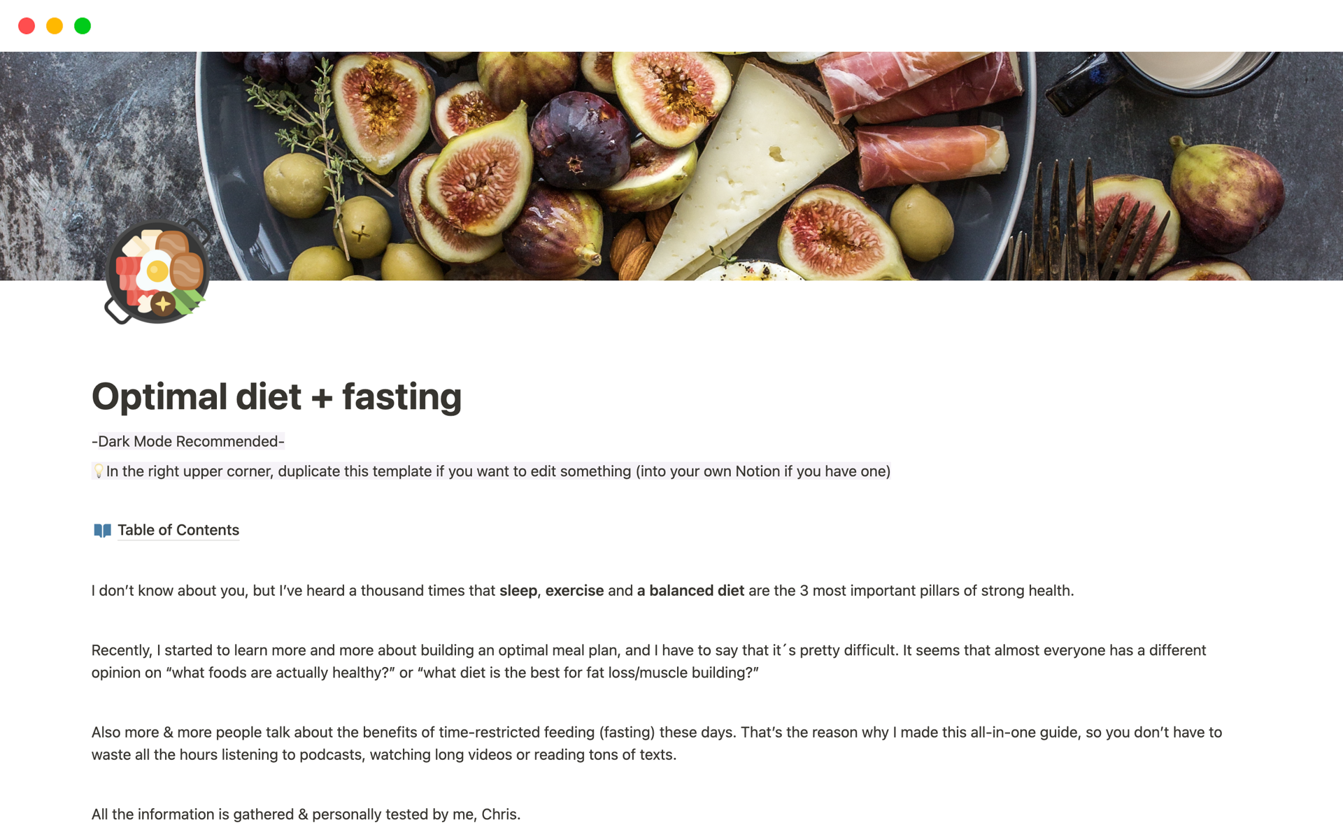 A template preview for Optimal diet + fasting