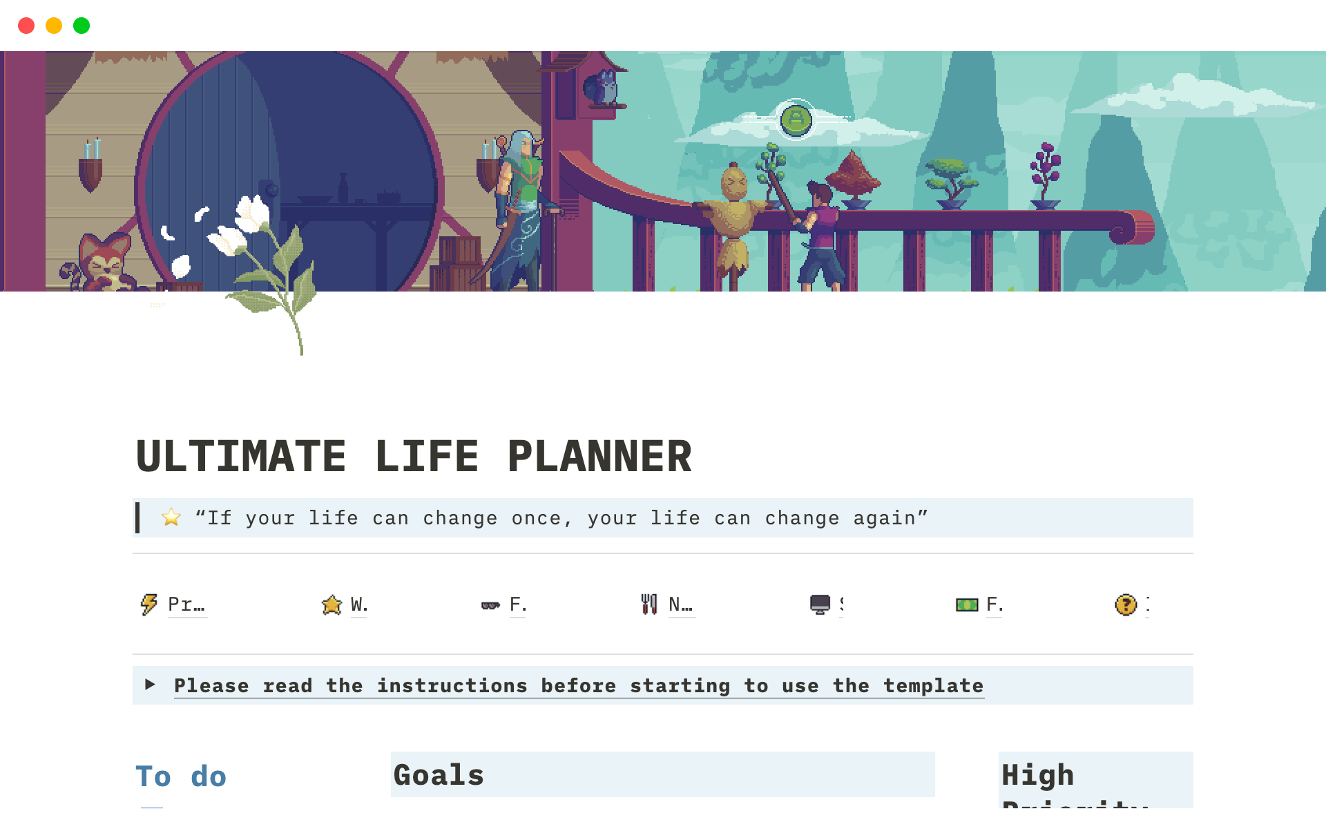 A template preview for Pixel Art Life Planner Notion Template