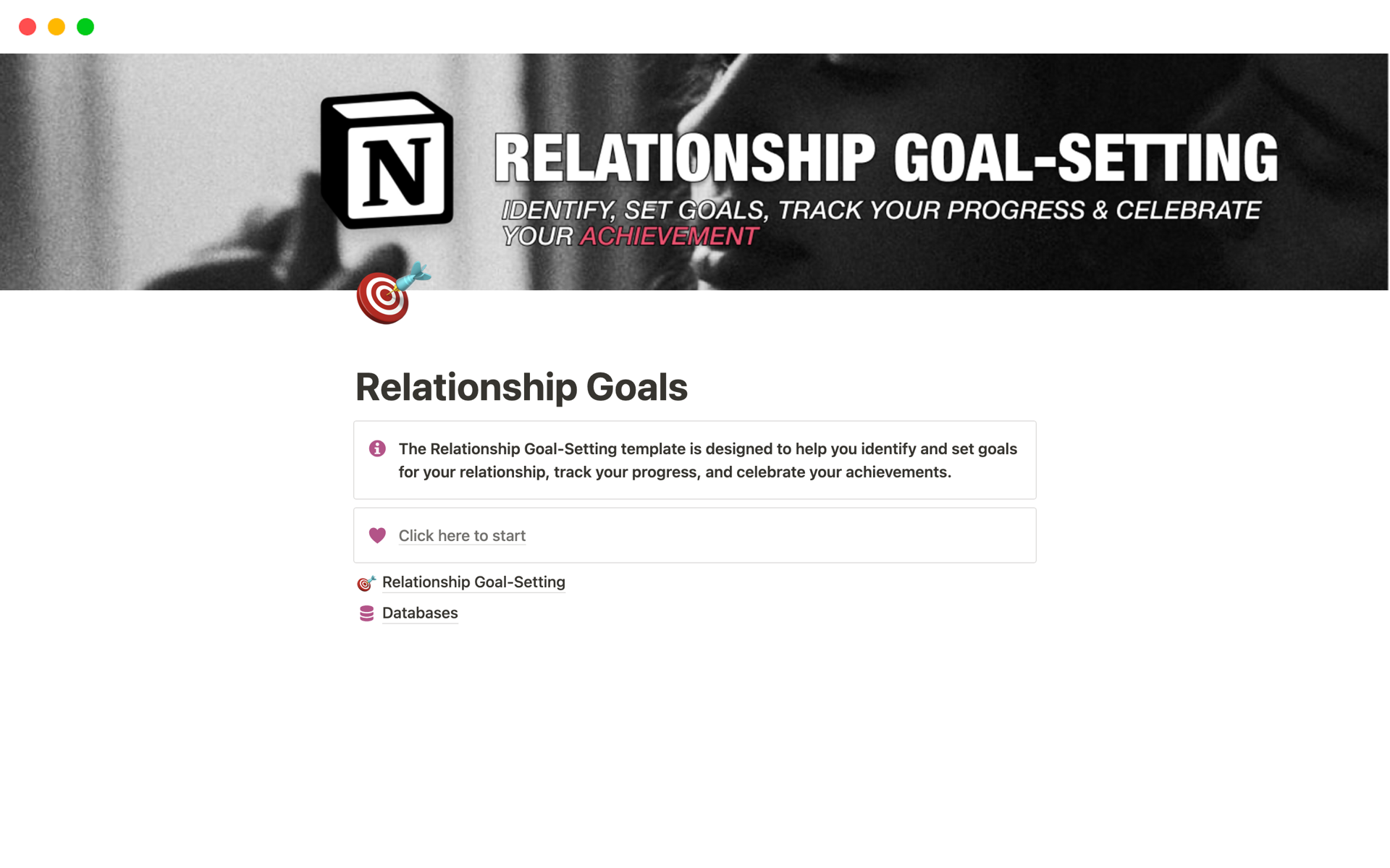 A template preview for Notion Relationship Goals