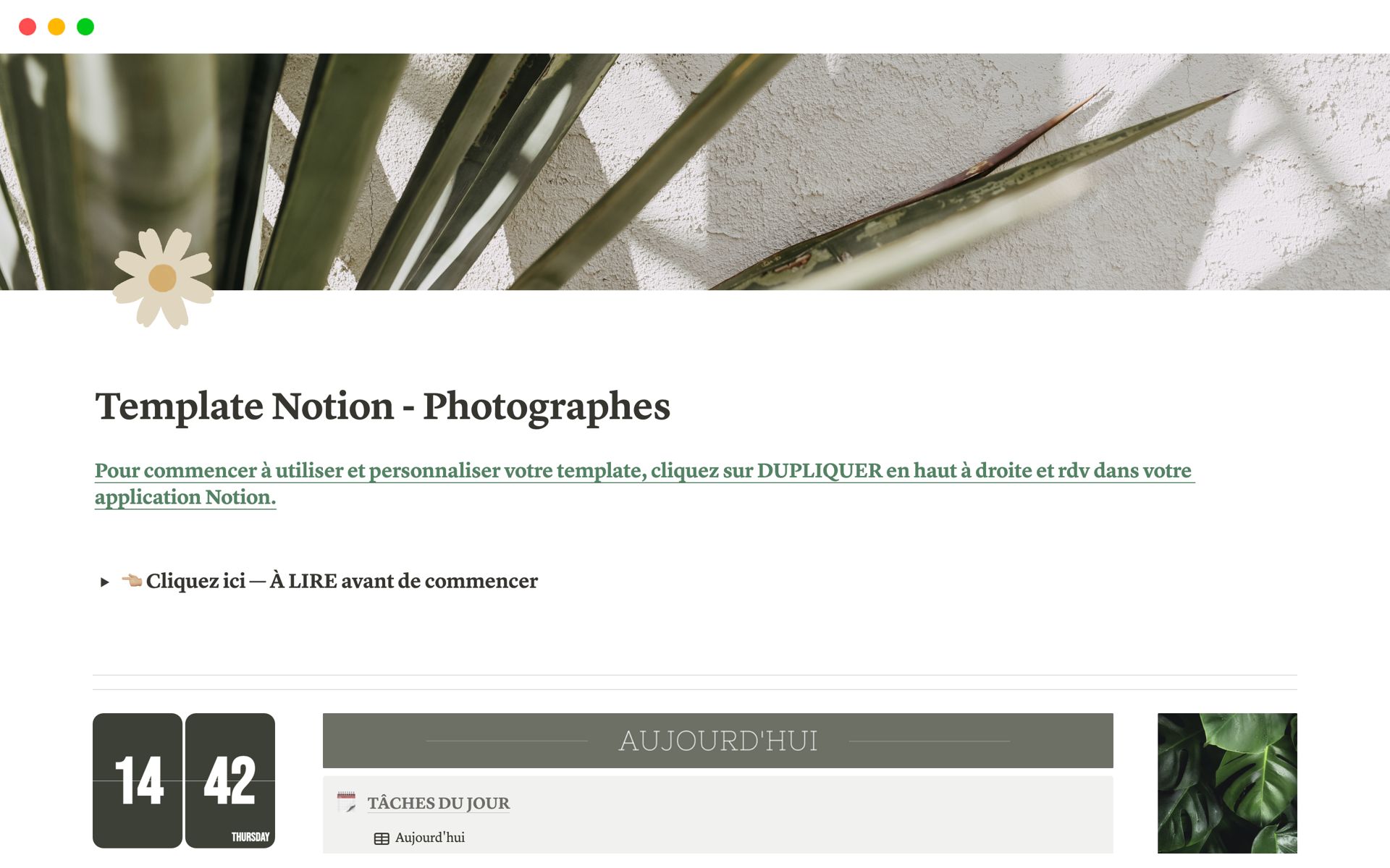 Template Notion créé pour les photographes qui veulent organiser leur entreprise, avec des to-do listes, fichiers clients et aides à la création de contenu.