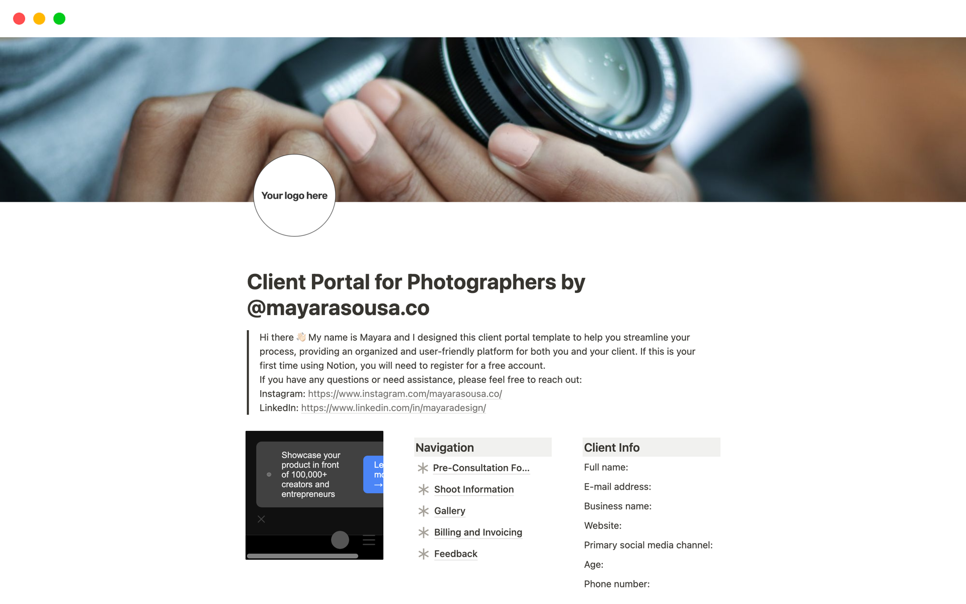 A template preview for Client Portal for Photographers