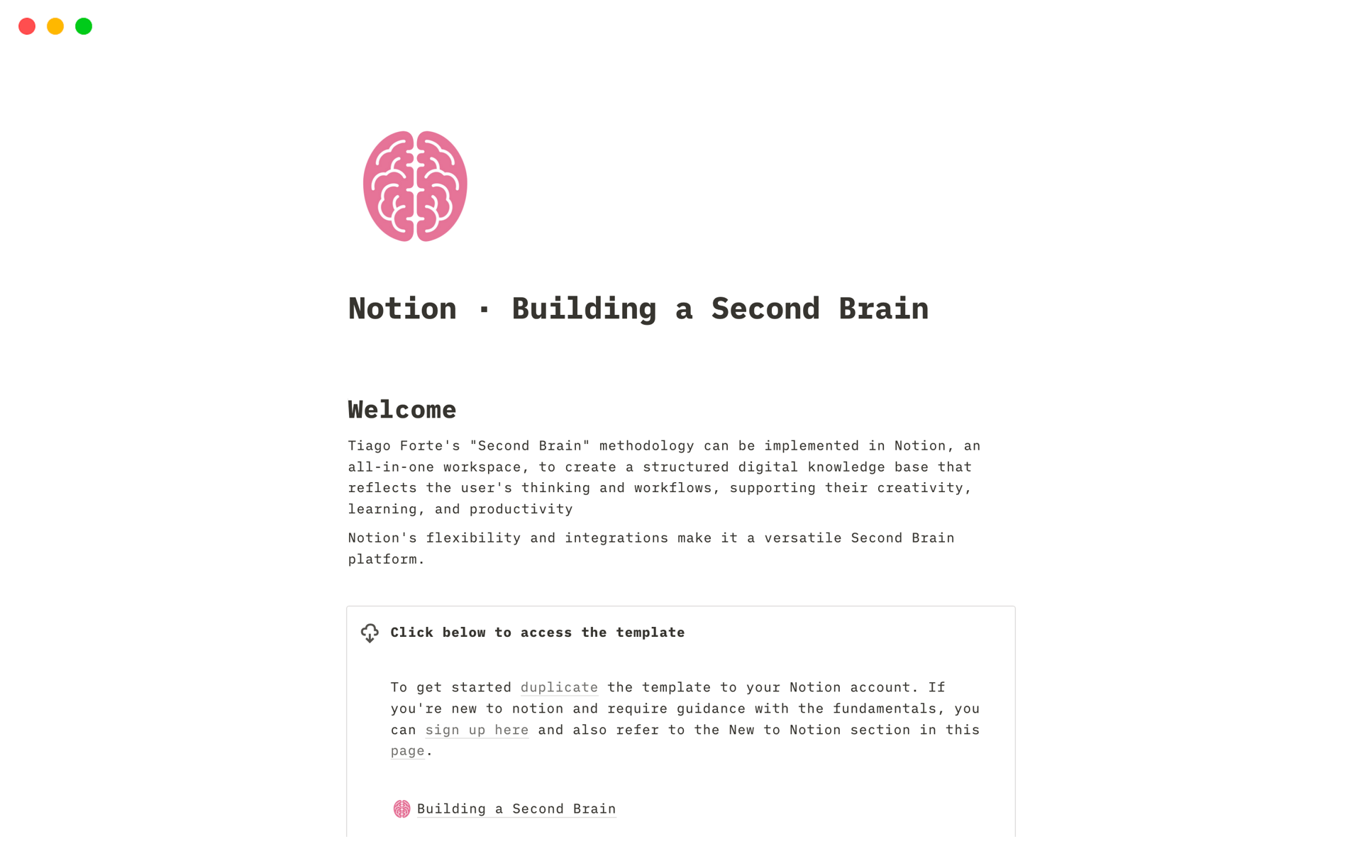 A template preview for Notion · Building a Second Brain