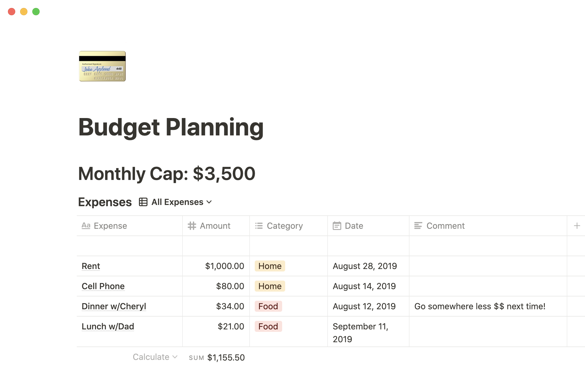 A template preview for Budget planning