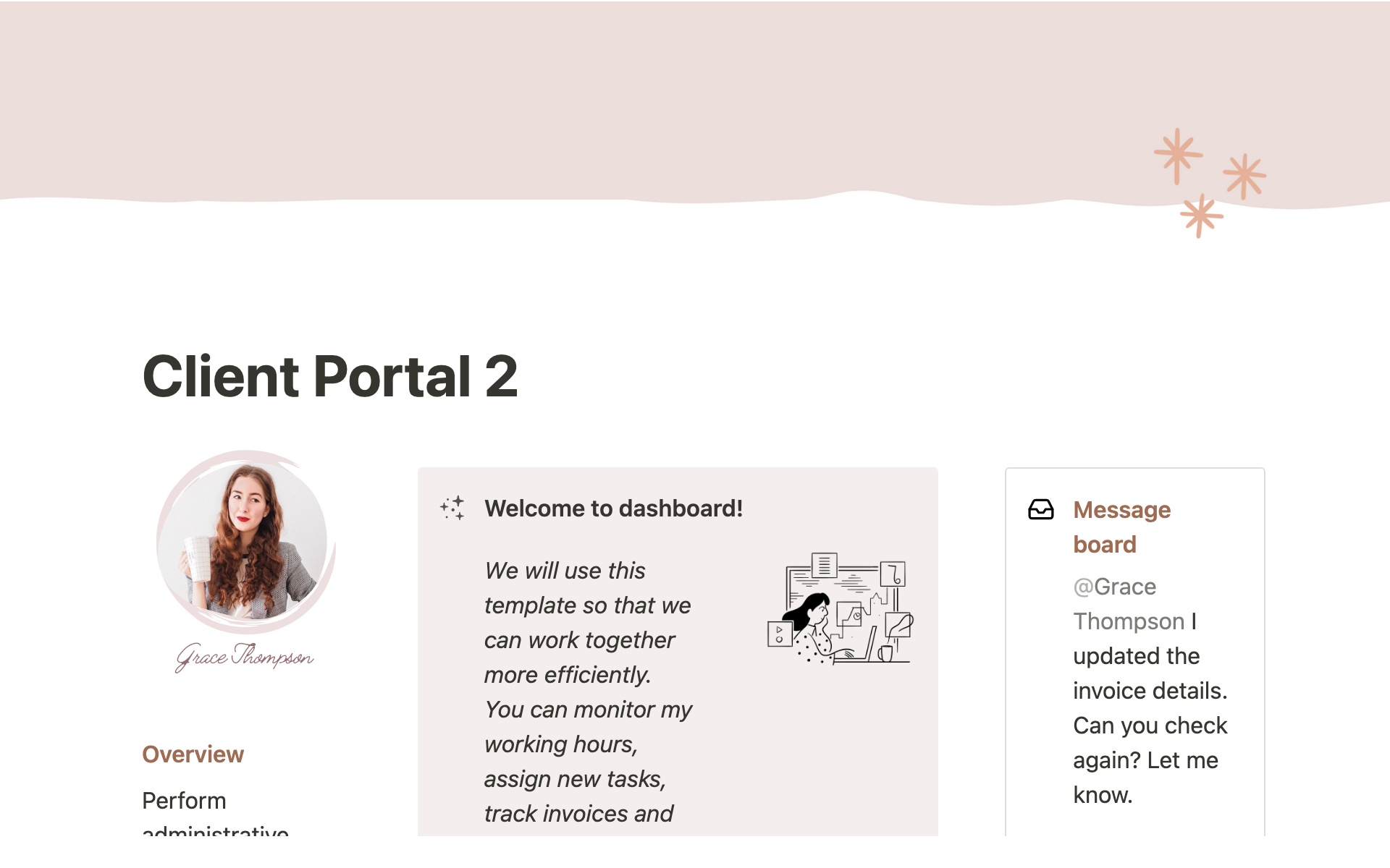 This Notion template will be a central dashboard where you can share documents and track projects together.