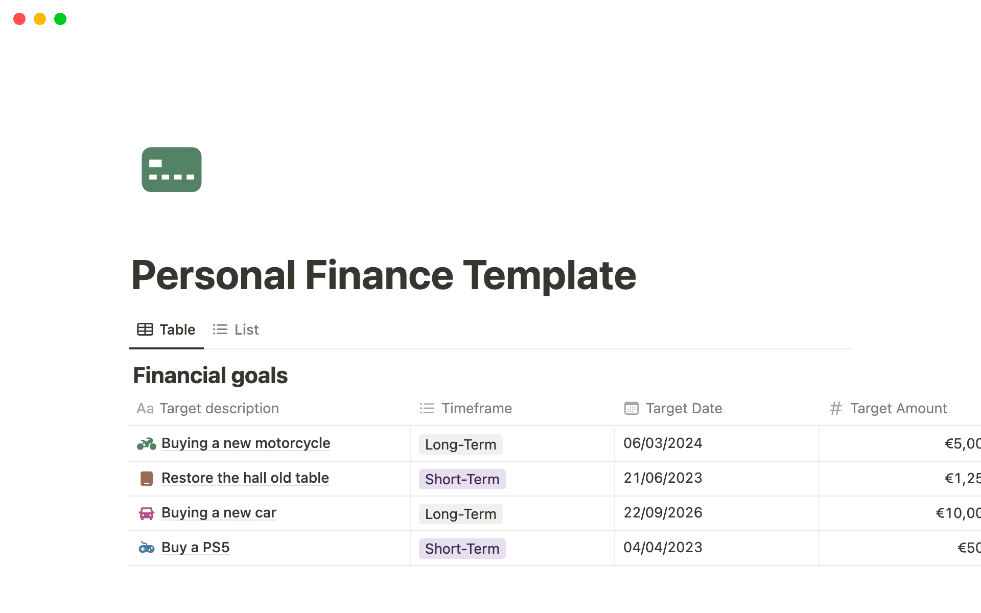 A screenshot of a personal finance plan in Notion.