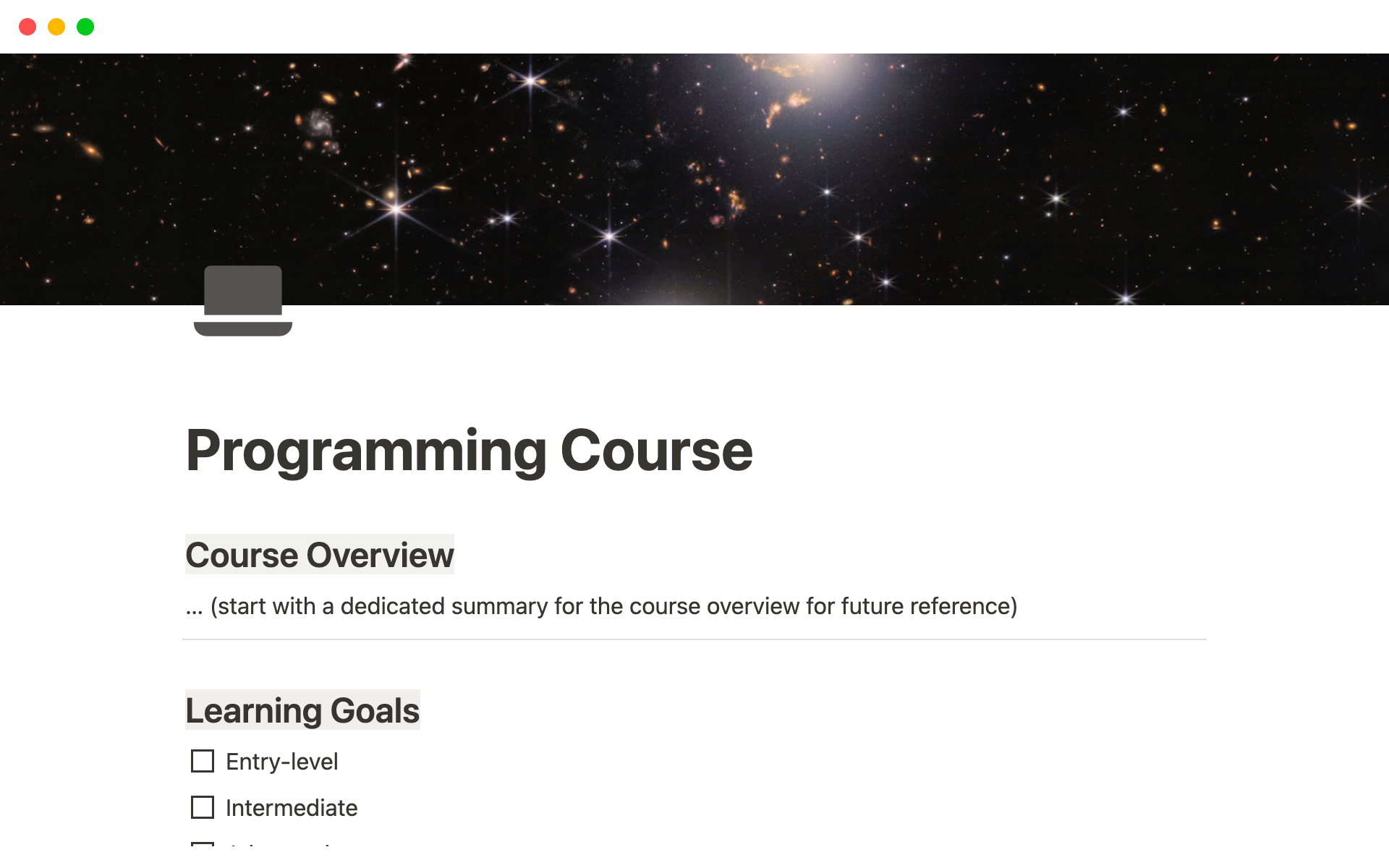 A template preview for Learning Programming