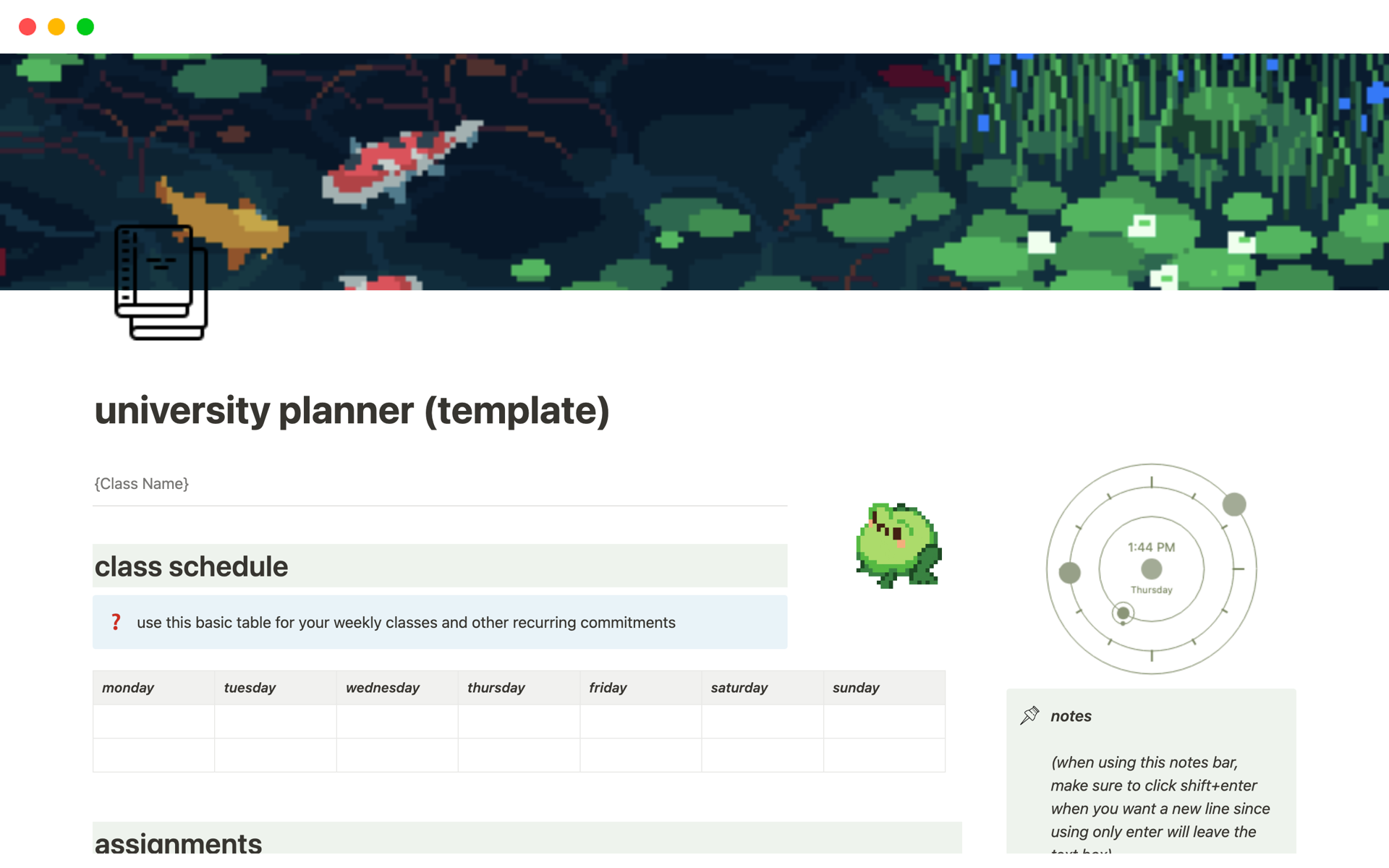 A template preview for green aesthetic university planner