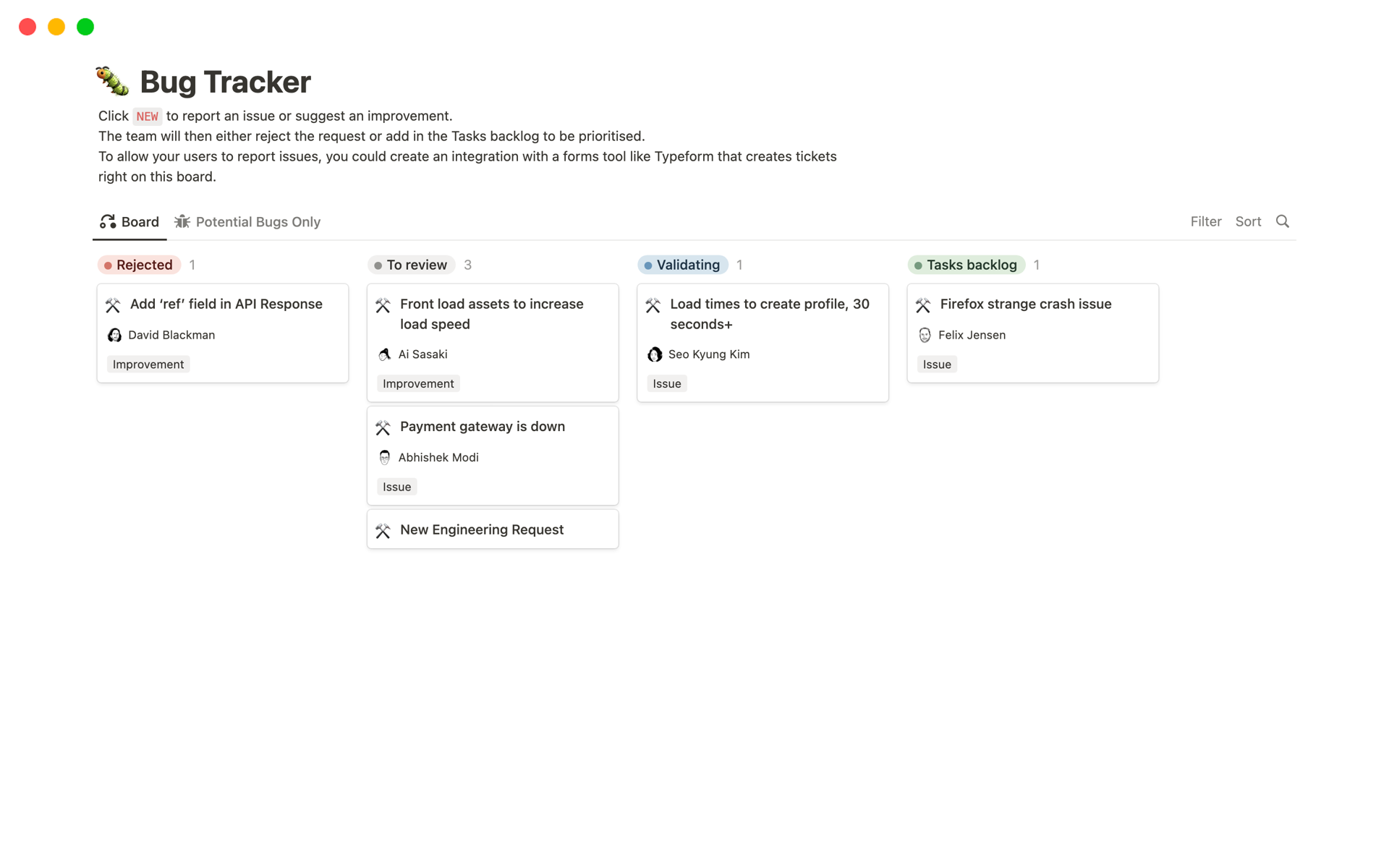A template preview for Bug Tracker