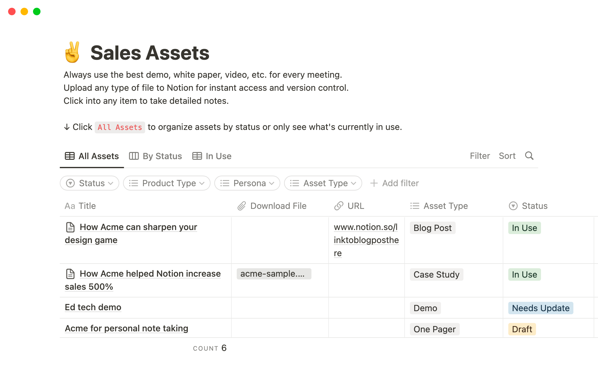 A template preview for Sales Assets