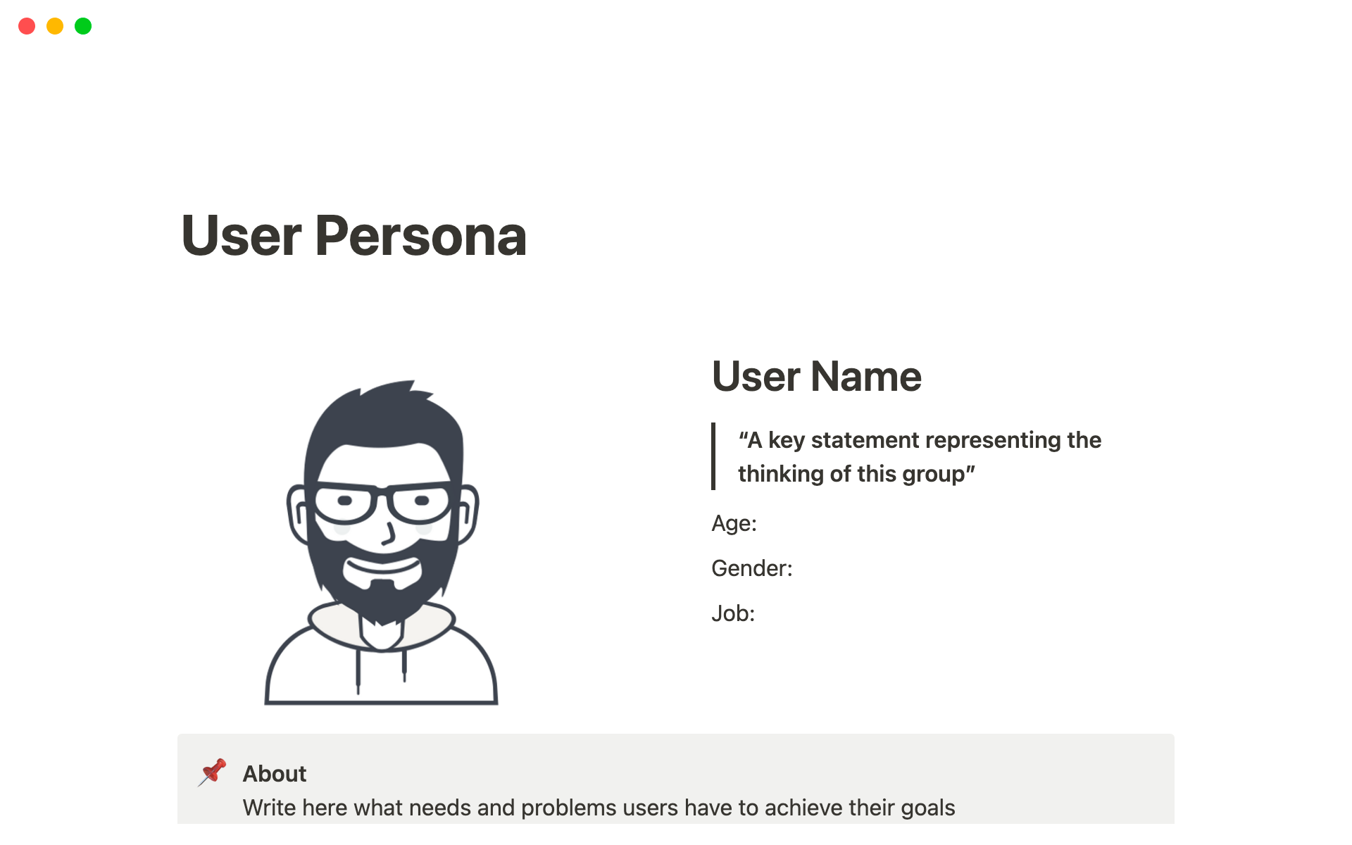A template preview for A Simple One-Page User Persona Notion Template