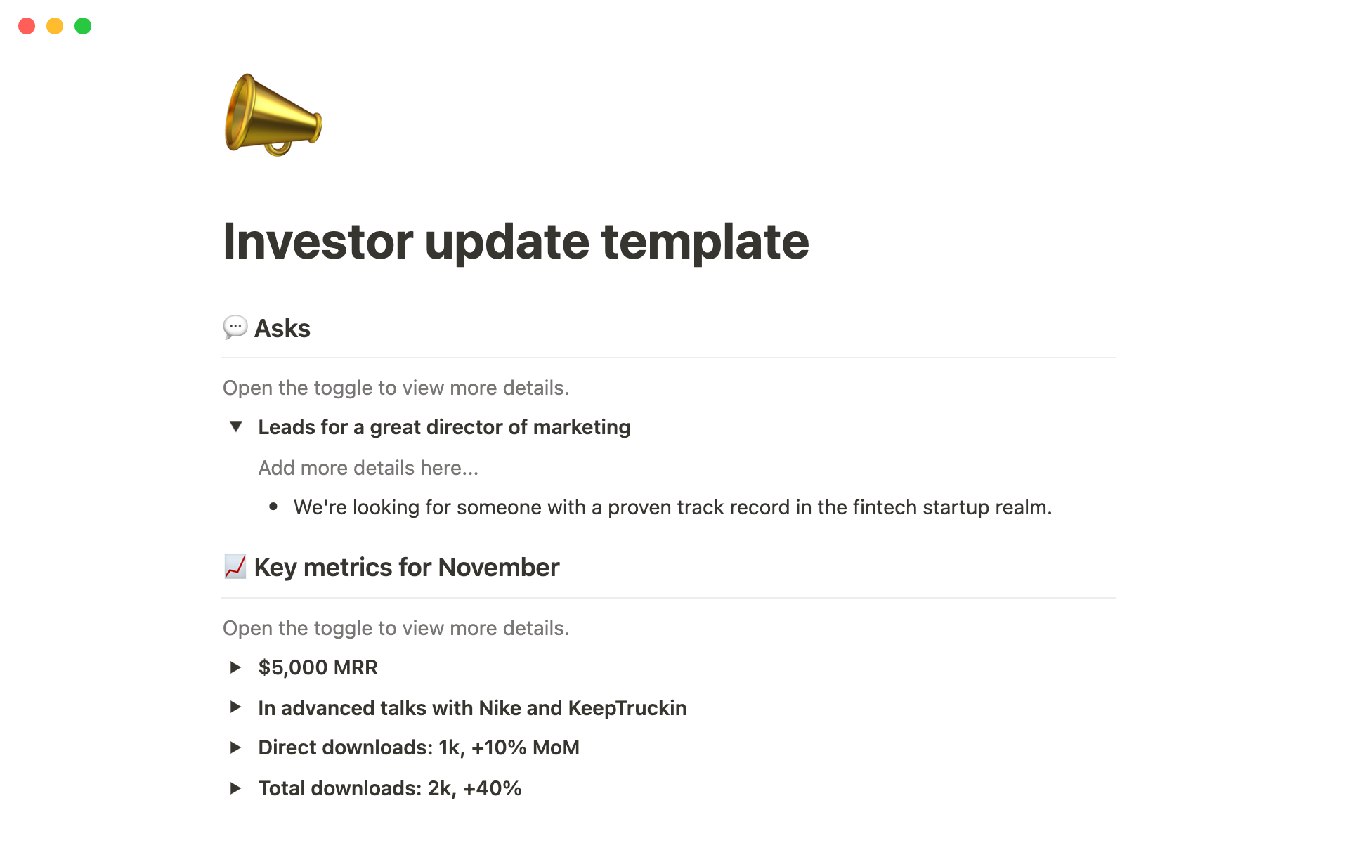 A template preview for Investor update