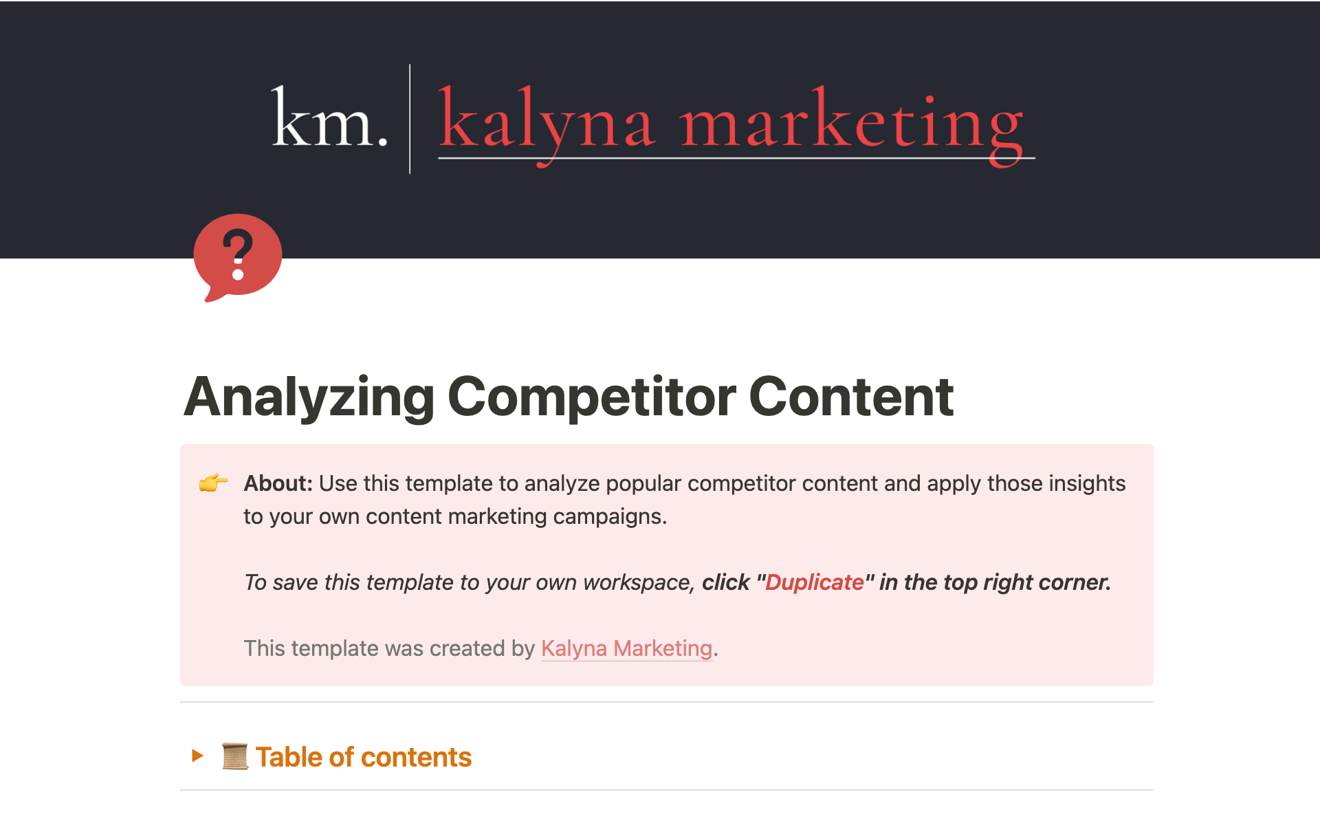 A template preview for Competitor Content Analysis