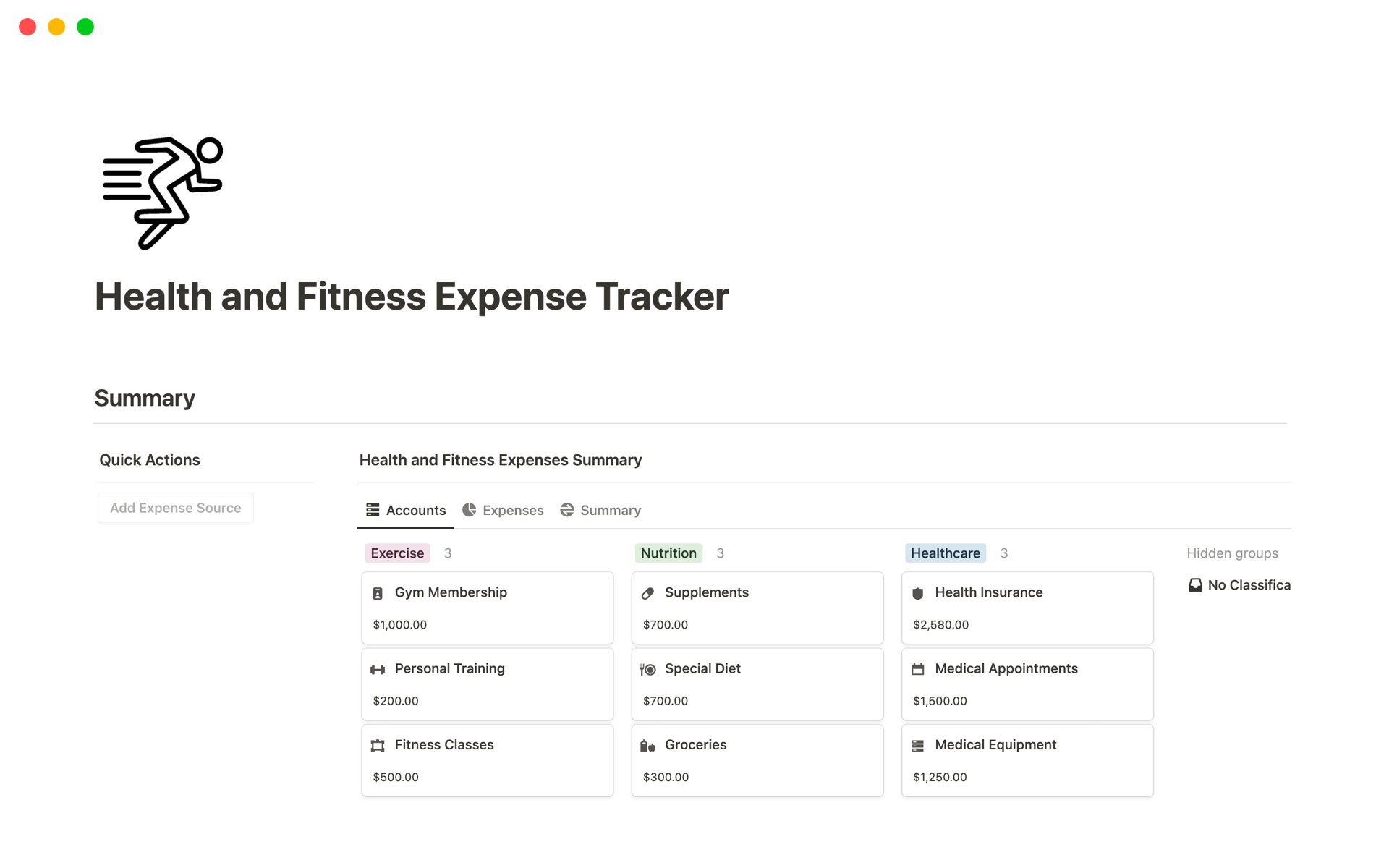 Health and Fitness Expense Tracker Plantilla de Notion