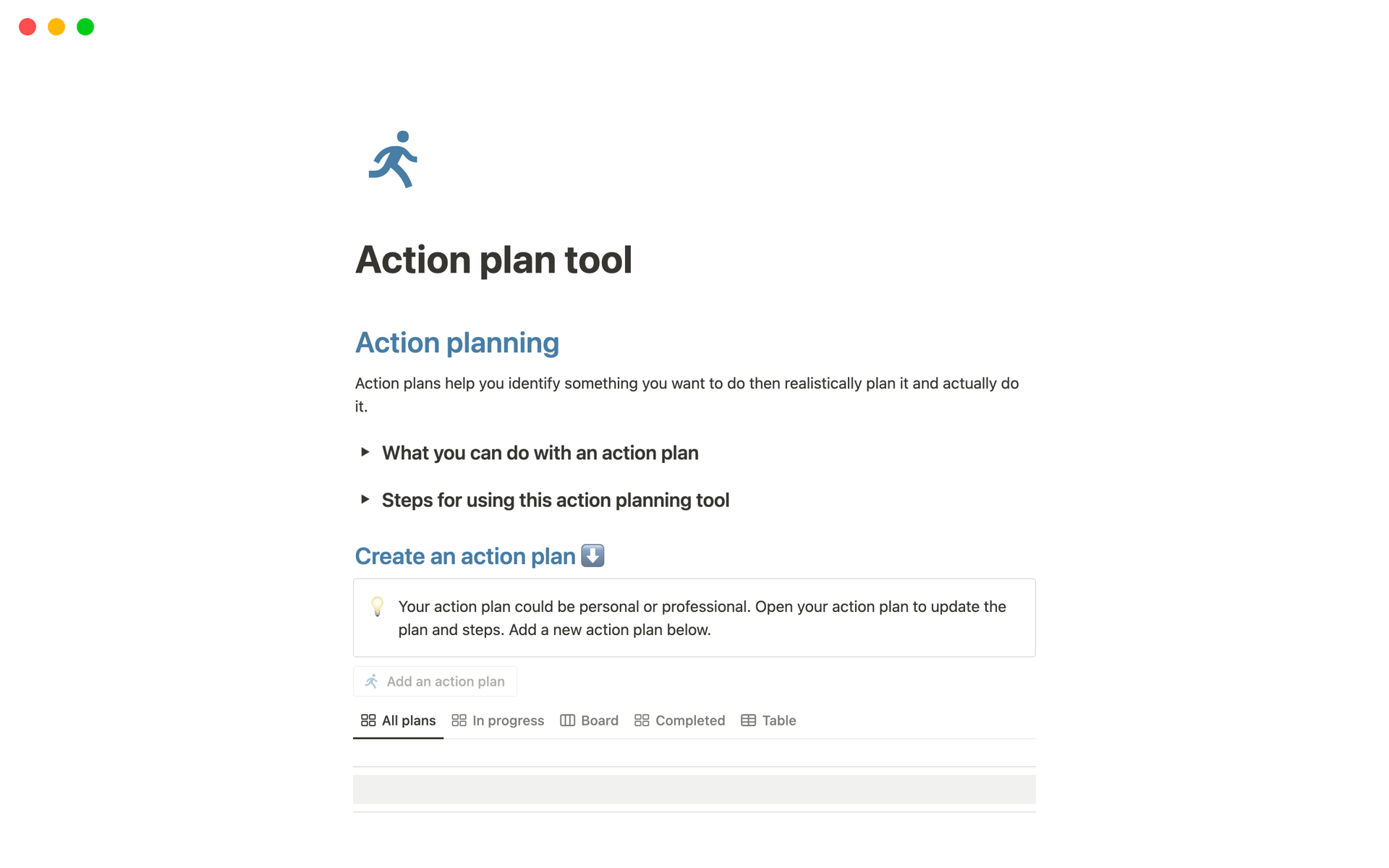 A template preview for Action plan tool