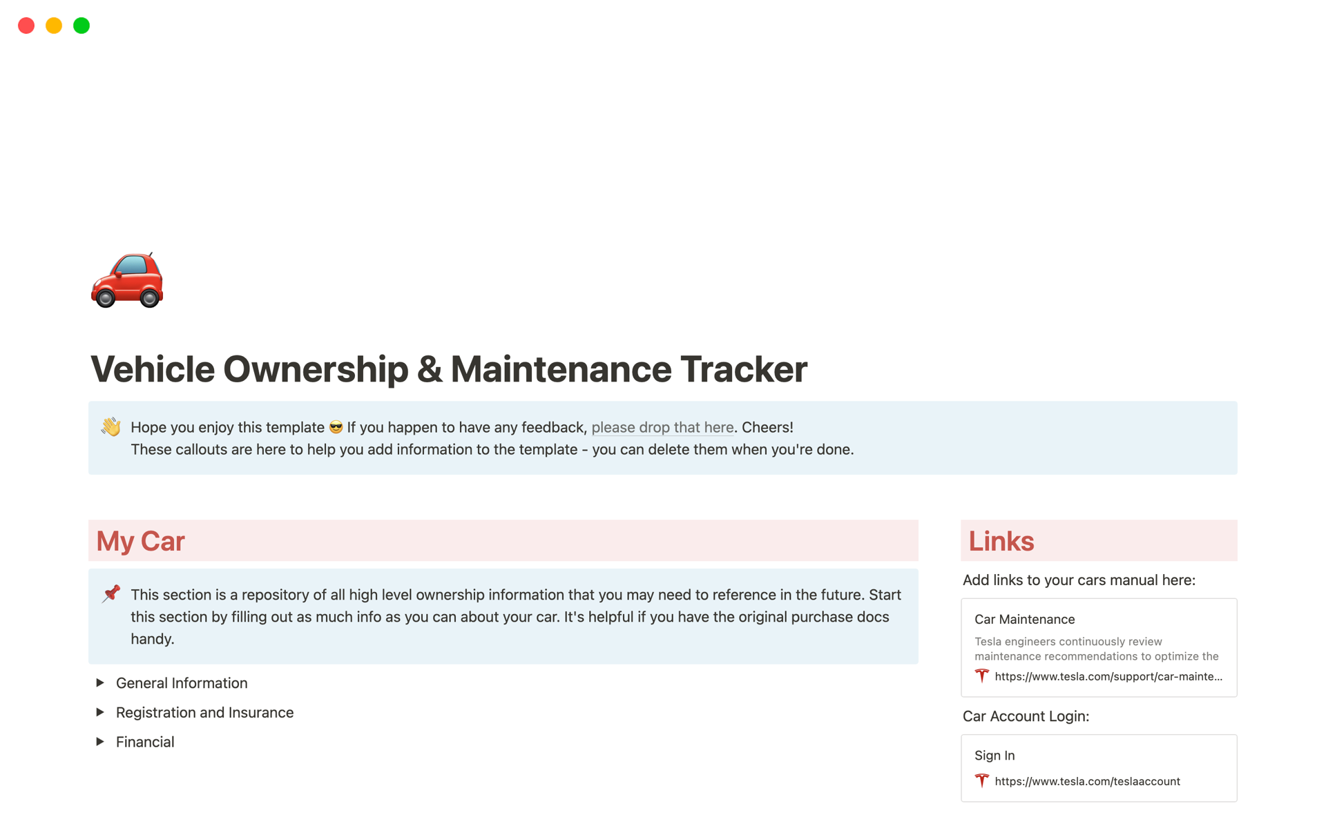 Vehicle Repair & Maintenance Tracker Notion Template