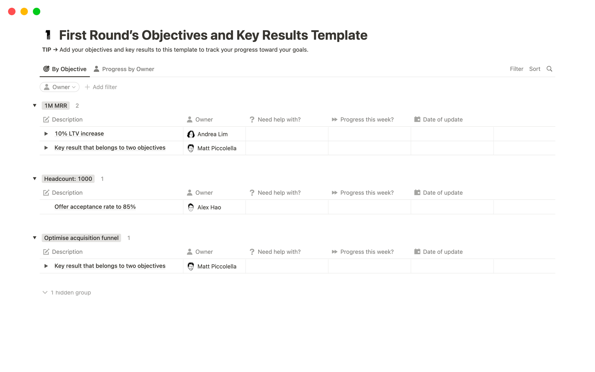 A template preview for Objectives and Key Results