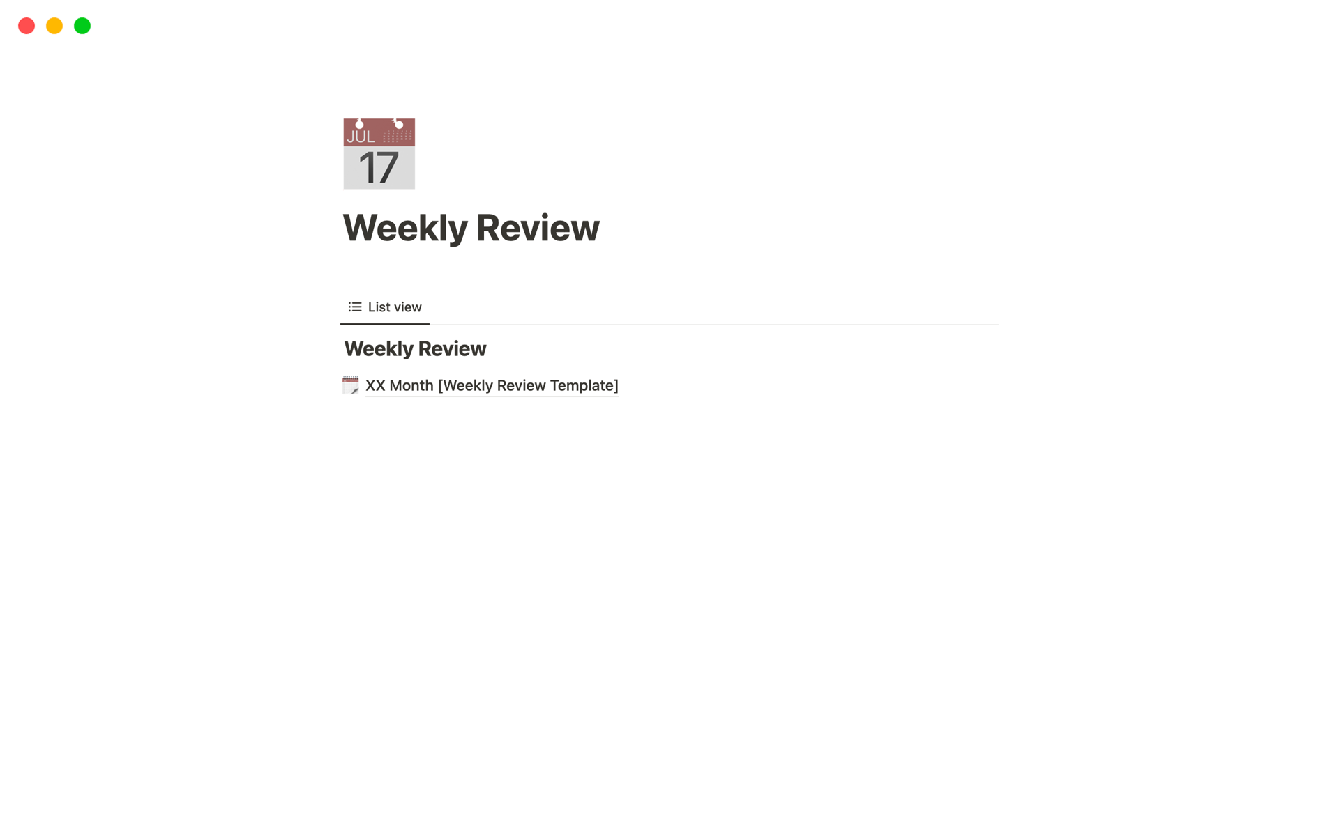 En forhåndsvisning av mal for Weekly Review