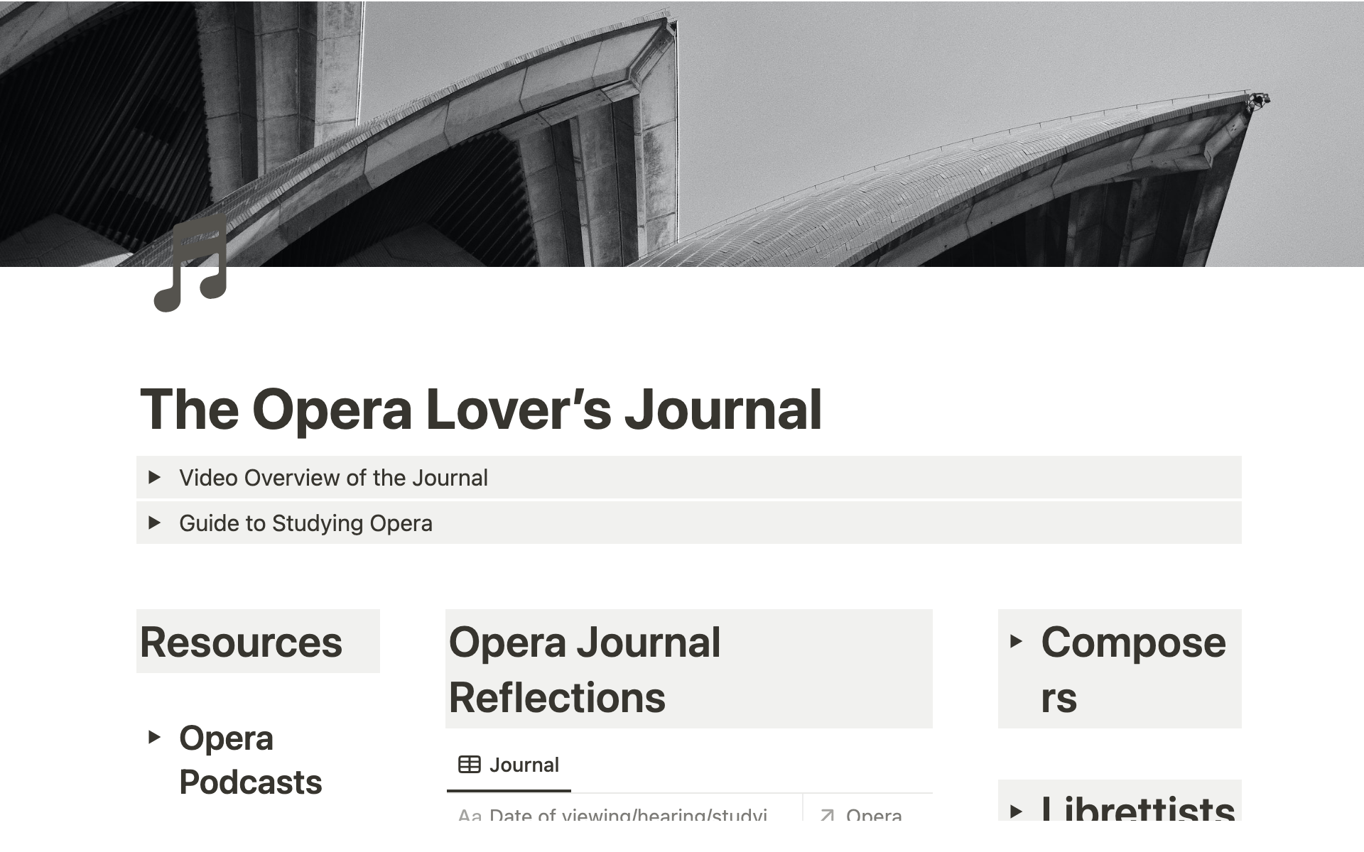 Improve your opera-going experience in a way you've never thought possible with this lightweight digital opera lover’s journal developed for Notion.