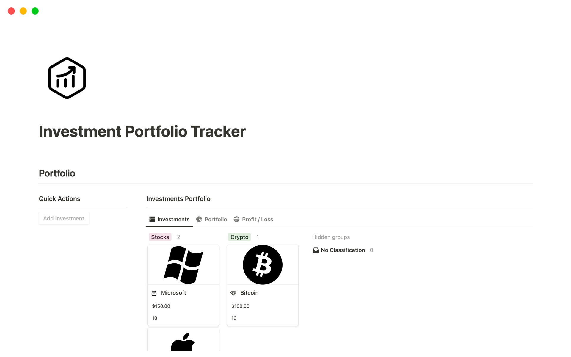 A template preview for Investment Portfolio Tracker