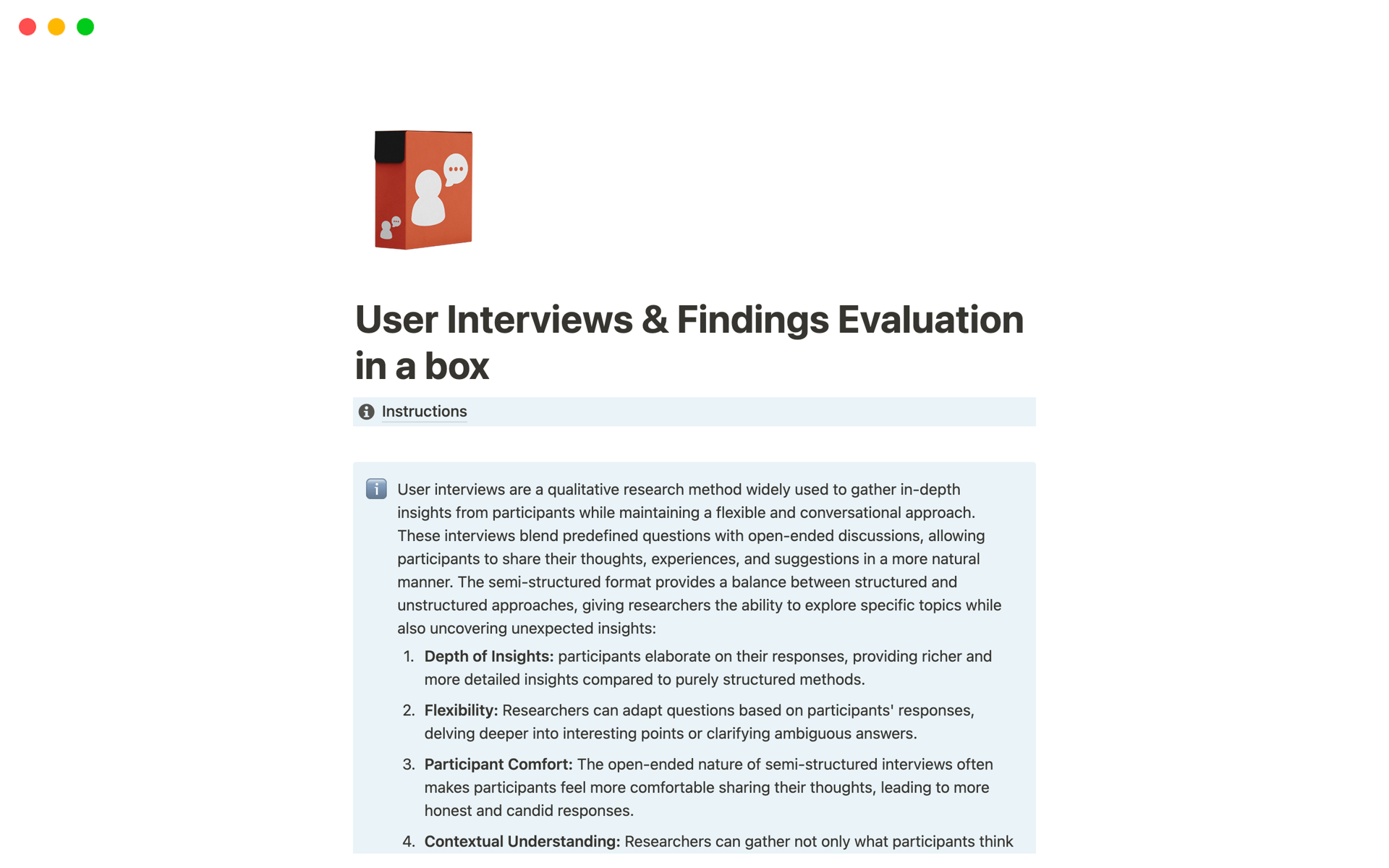 User Interviews & Findings Evaluation in a box Notion Template