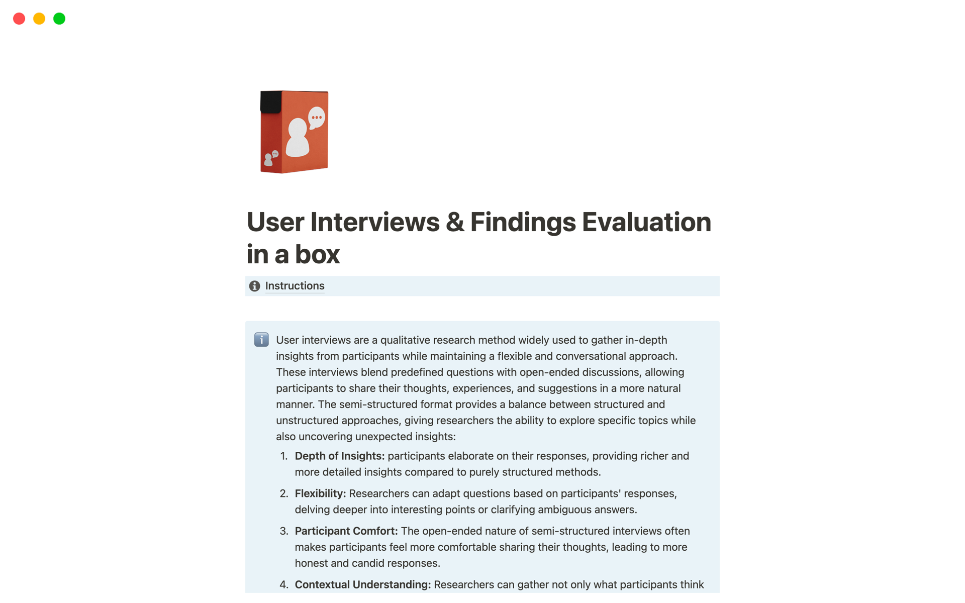 A template preview for User Interviews & Findings Evaluation in a box