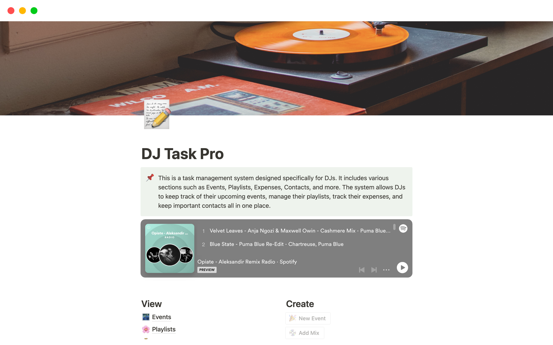 A template preview for DJ Task Pro
